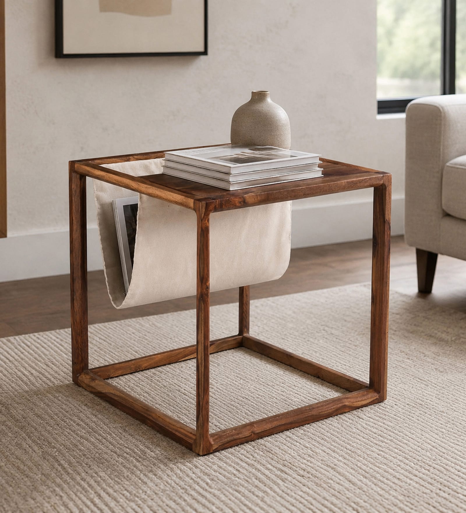 Melk Sheesham Wood Side Table in Provincial Teak Finish with Magzine Holder