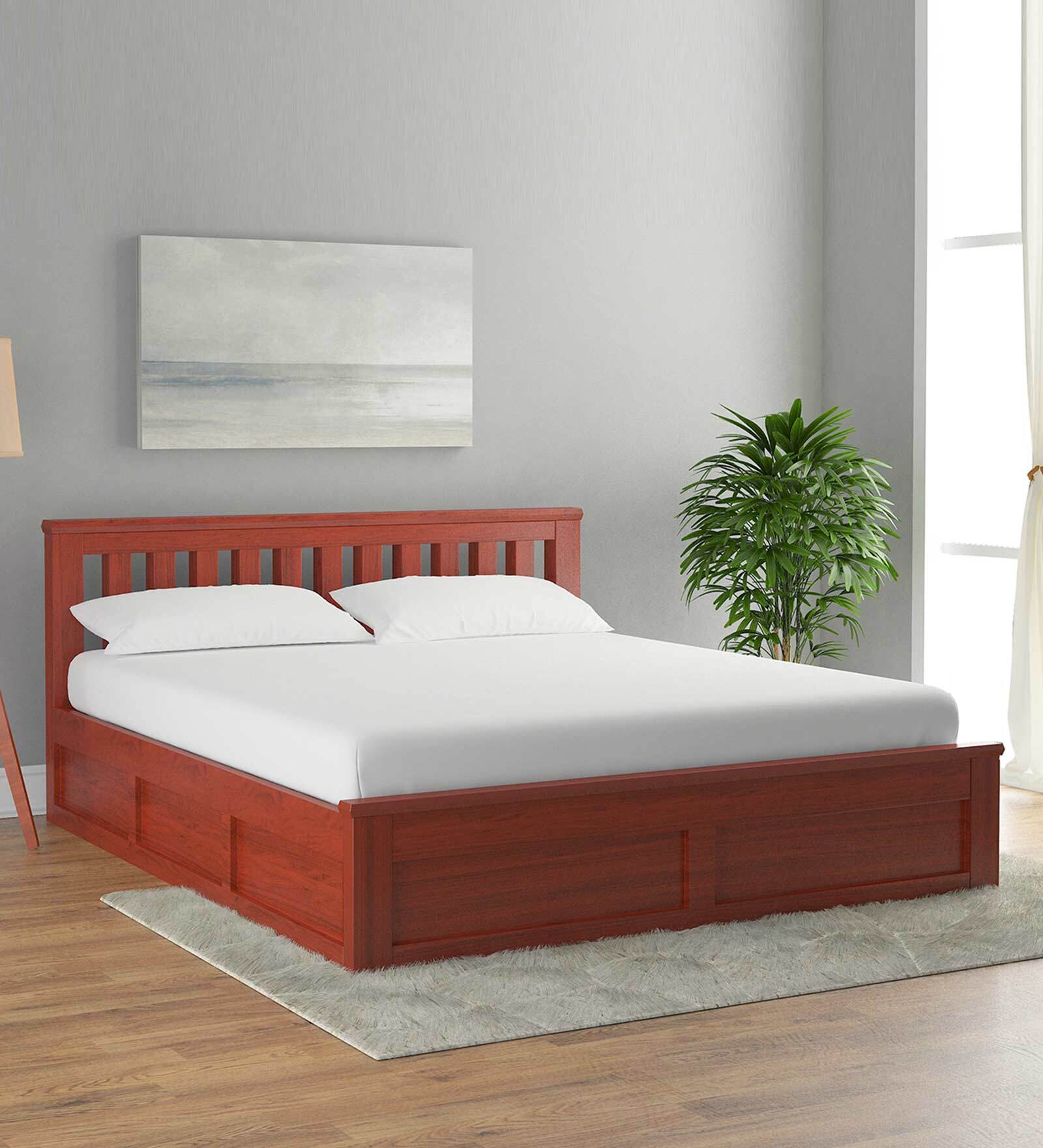 Buy Mellow Solid Wood Queen Size Bed in Natural Finish with Box Storage