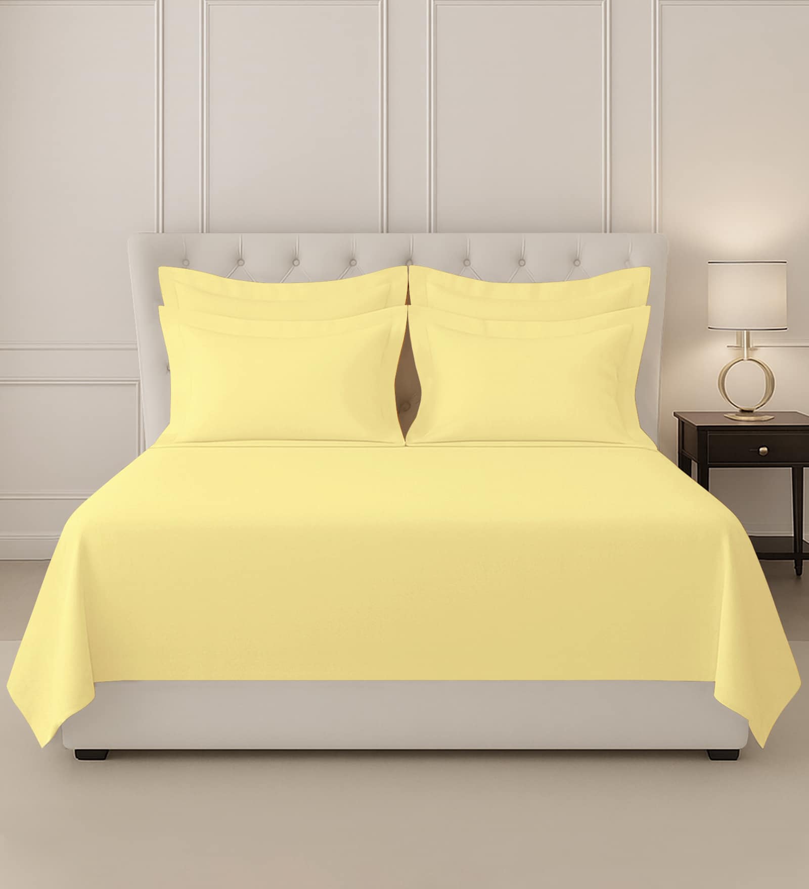 Mellow Yellow Solid 400 TC Cotton Super King Sized Bedsheet with 4 Pillow Covers