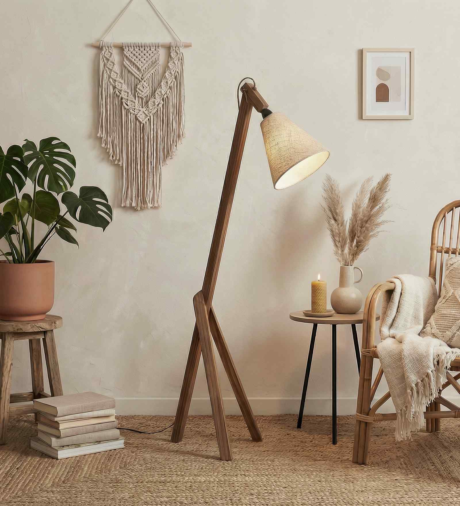 Melman Wooden Floor Lamp with Jute Shade & Brown Base