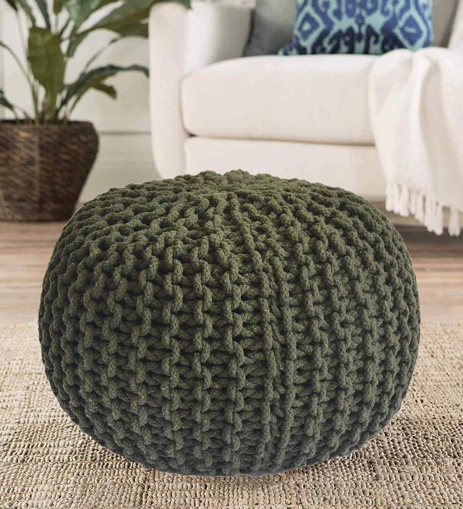 Melton Knitted Pouffe in Dark Green Colour
