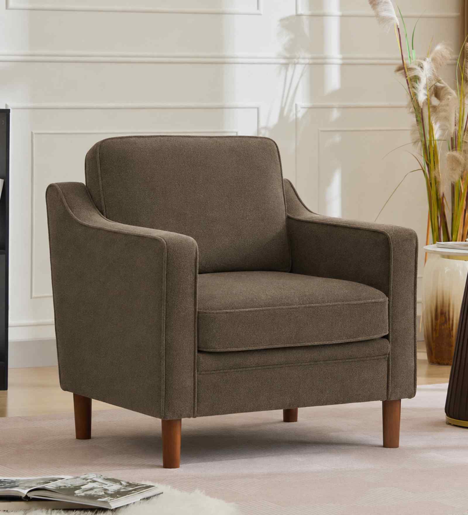 Menta Boucle Fabric Lounge Chair In Brown Colour
