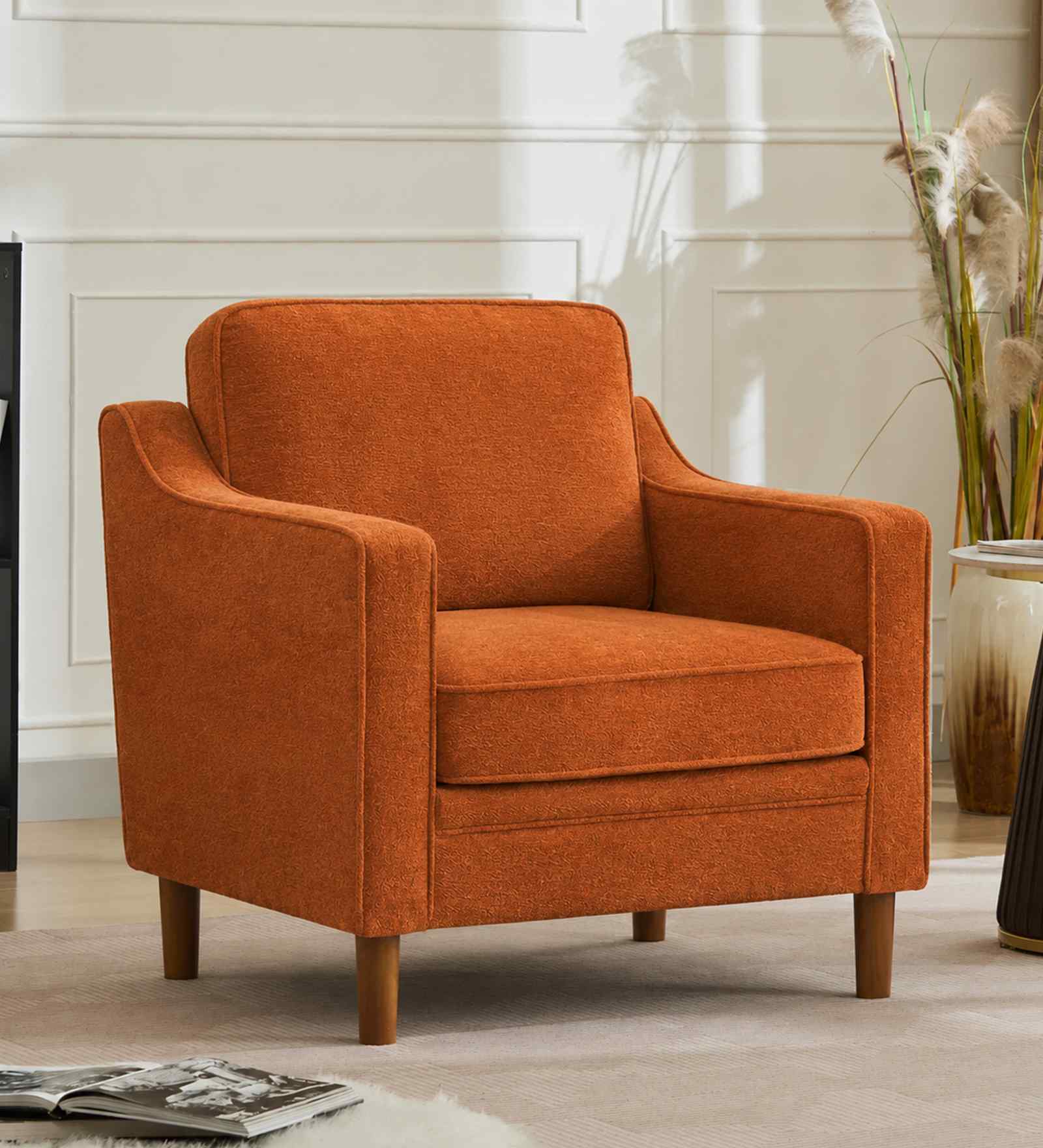 Menta Boucle Fabric Lounge Chair In Orange Colour