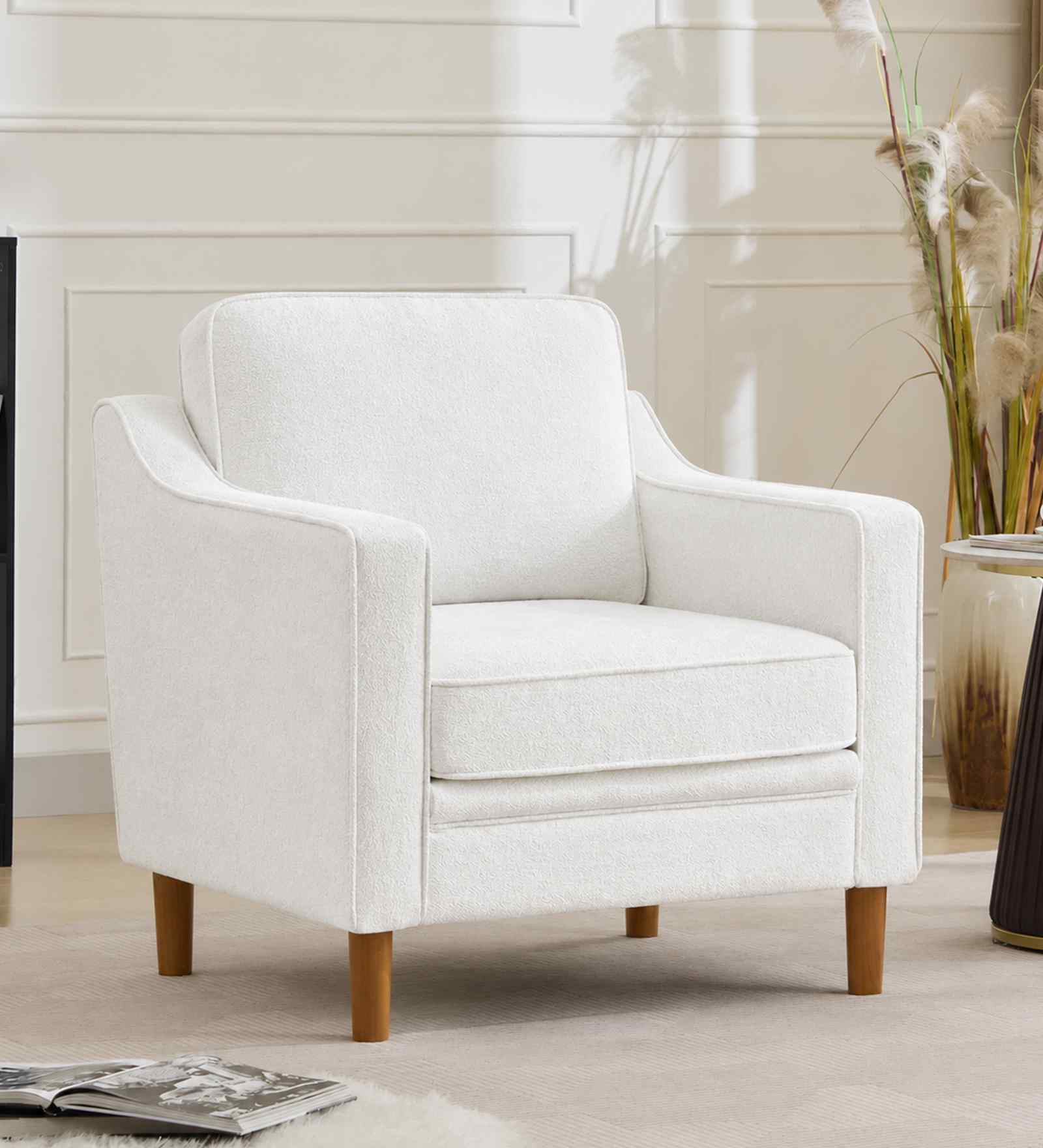 Menta Boucle Fabric Lounge Chair In White Colour