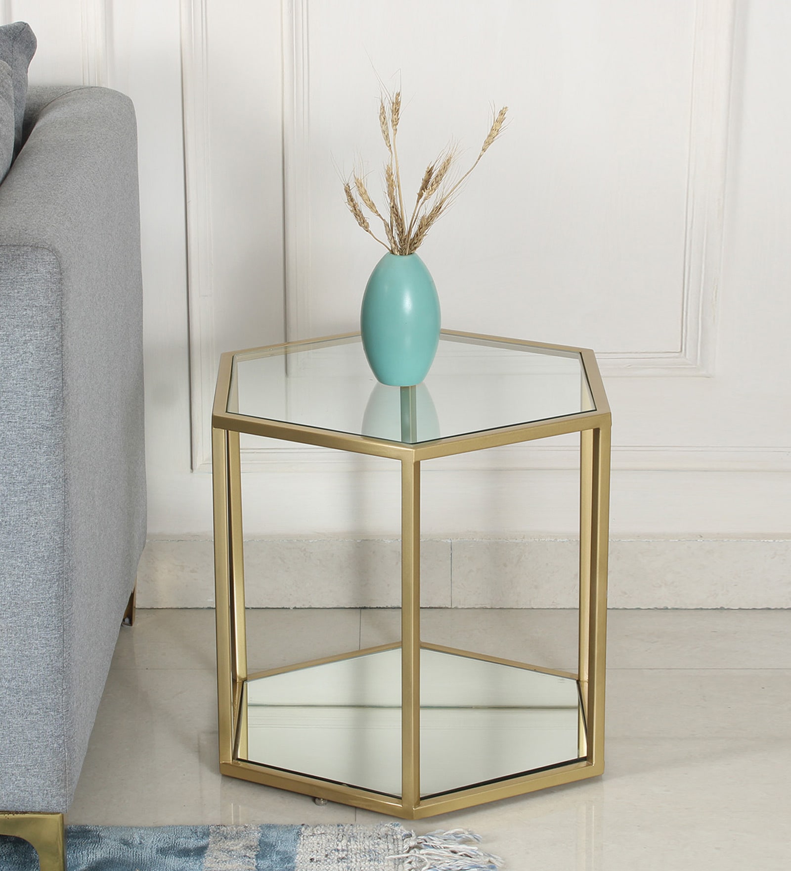 Menton Metal End Table In Golden Finish With Glass Top Menton Metal End Table In Golden Finish With Glass Top