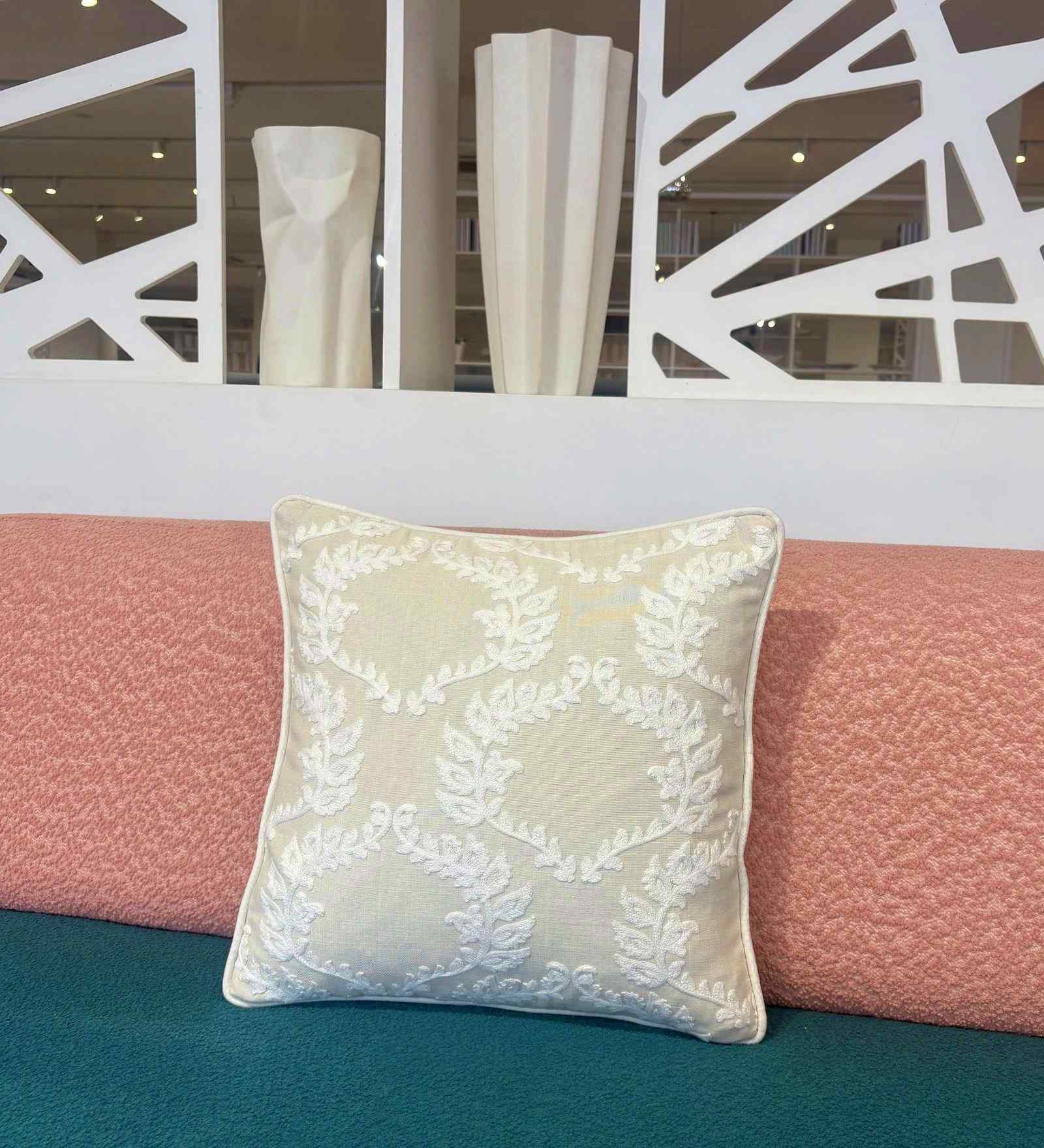 Off White Merletto 100% Cotton 16x16 Inches Embroidered Cushion Cover