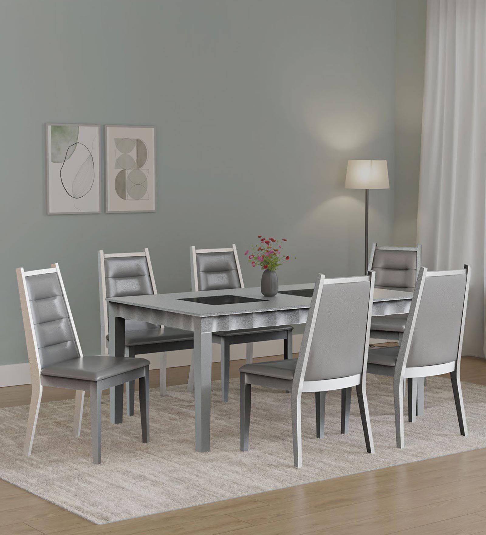 Merlin Solid Wood 6 Seater Dining Set In Metallic Silver Finish