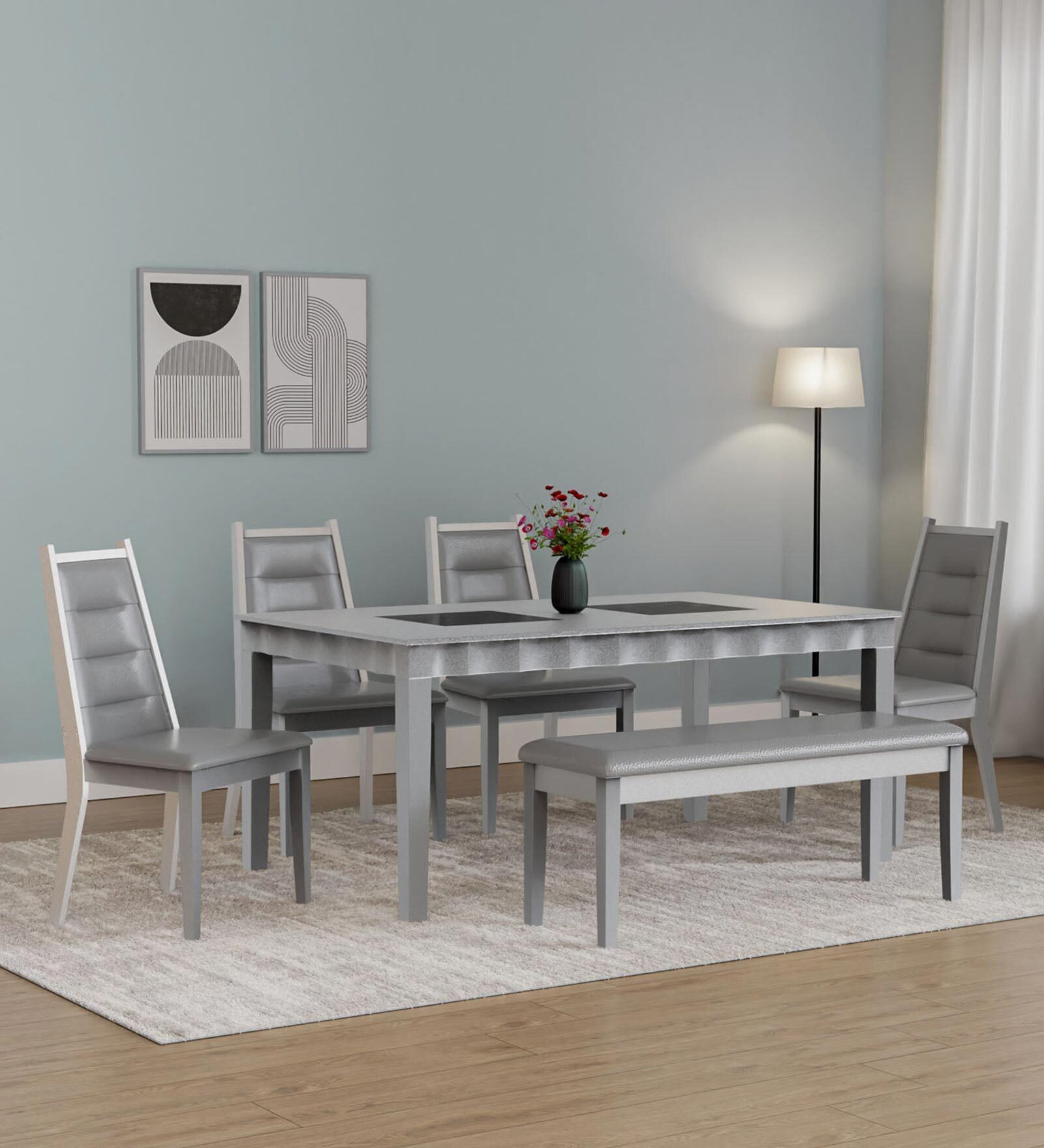 Merlin Solid Wood 6 Seater Dining Set In Metallic Silver Finish With Bench