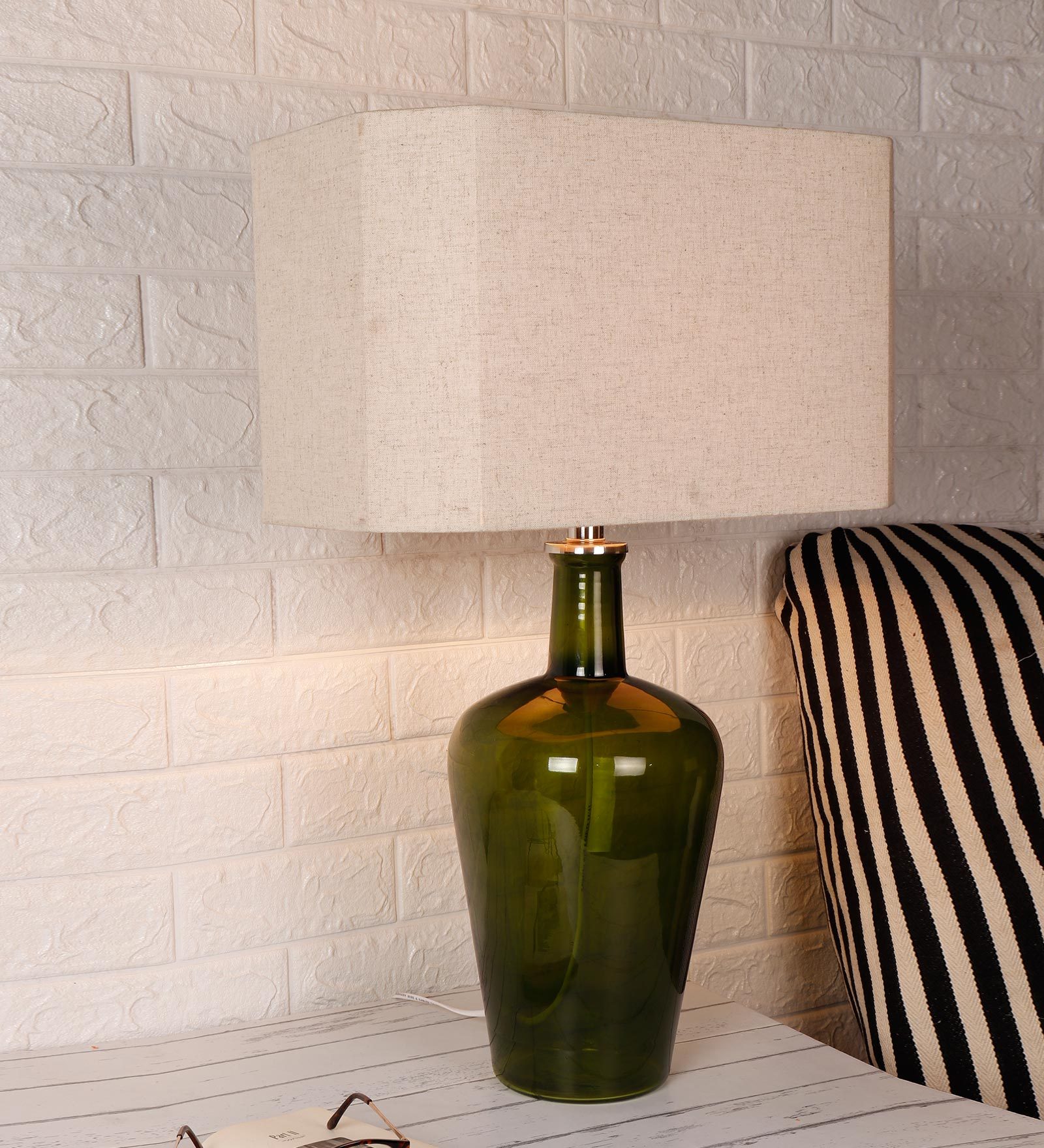 Merlot Green Light Beige Fabric Shade Table Lamp with Olive Green Base