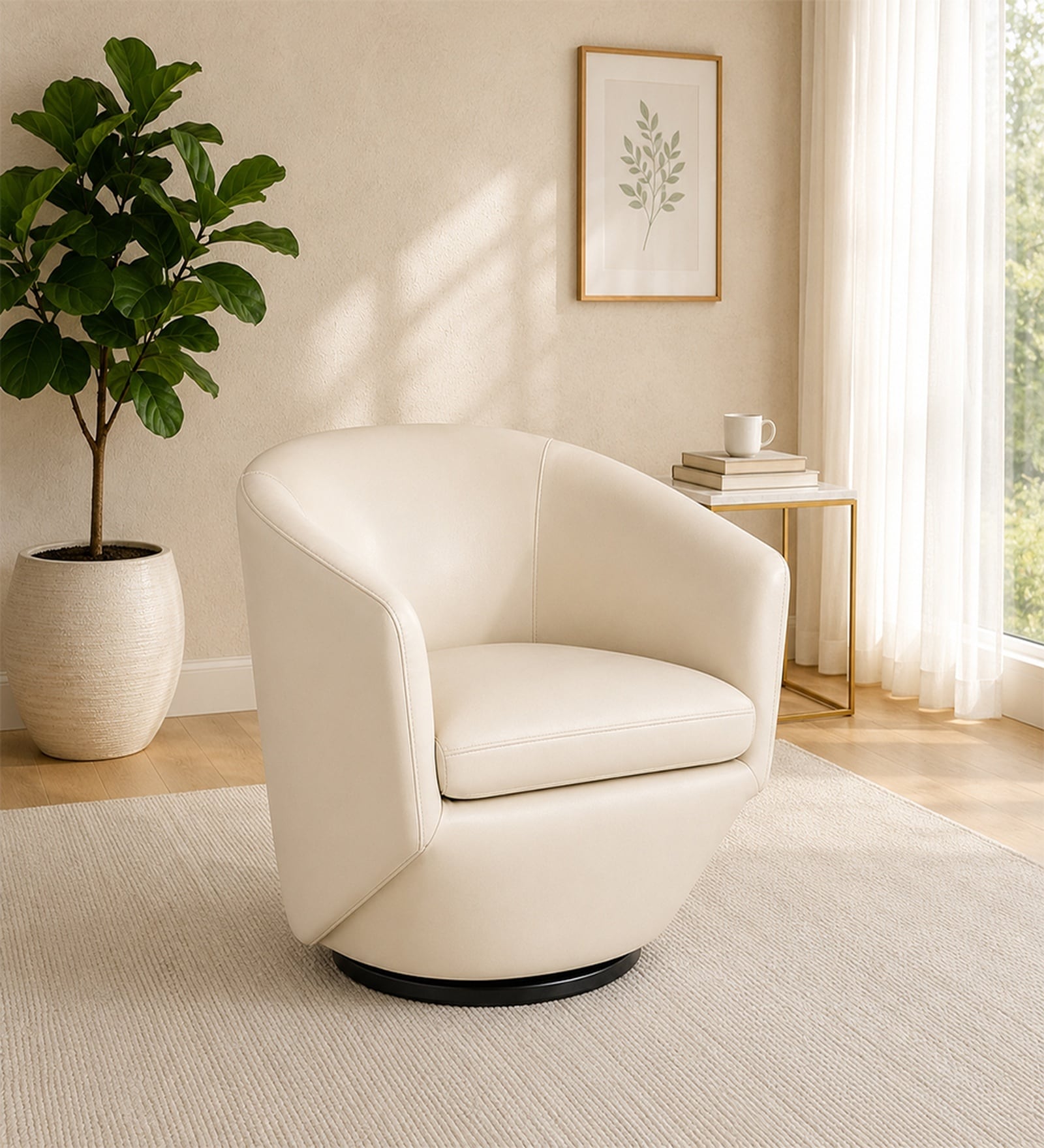 Mess Leatherette Swivel Barrel Chair in Off White Finish