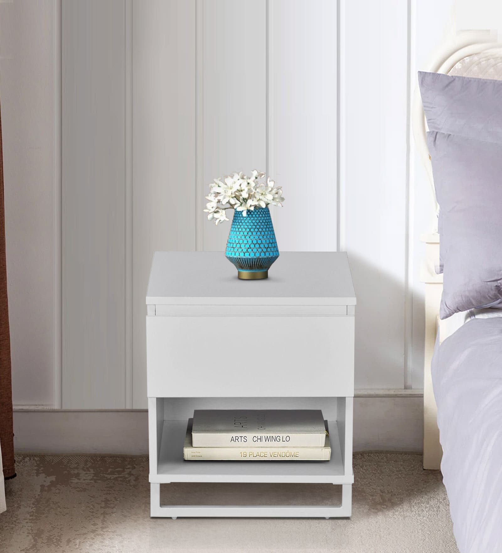 Meta Bedside Table In Frosty White Finish