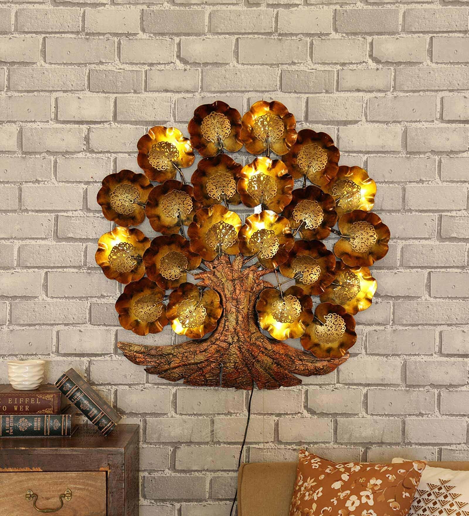 Iron Decorative Tree Metal Wall Art With LED In Gold