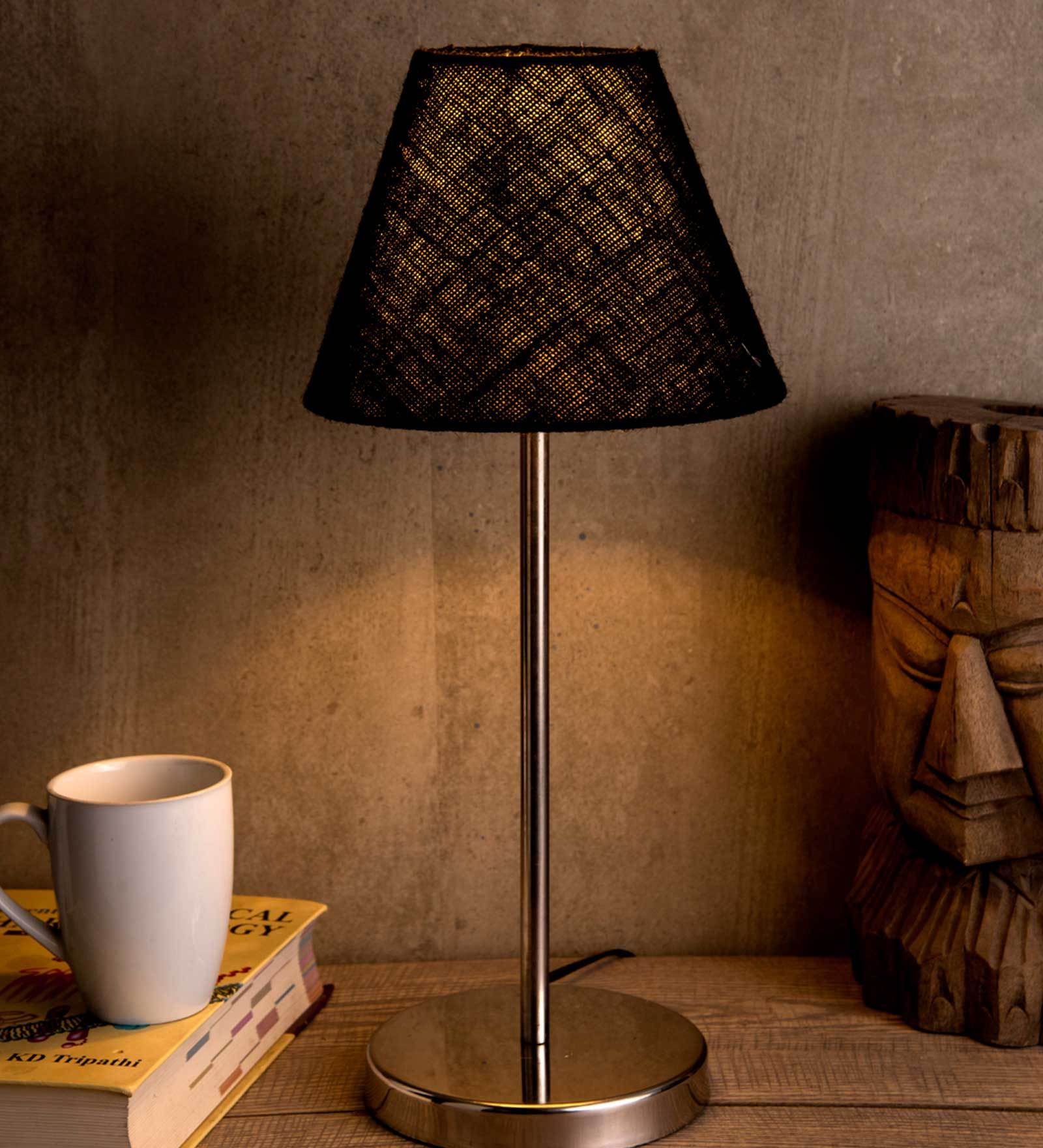 Metal Black Jute Shade Table Lamp with Silver Base