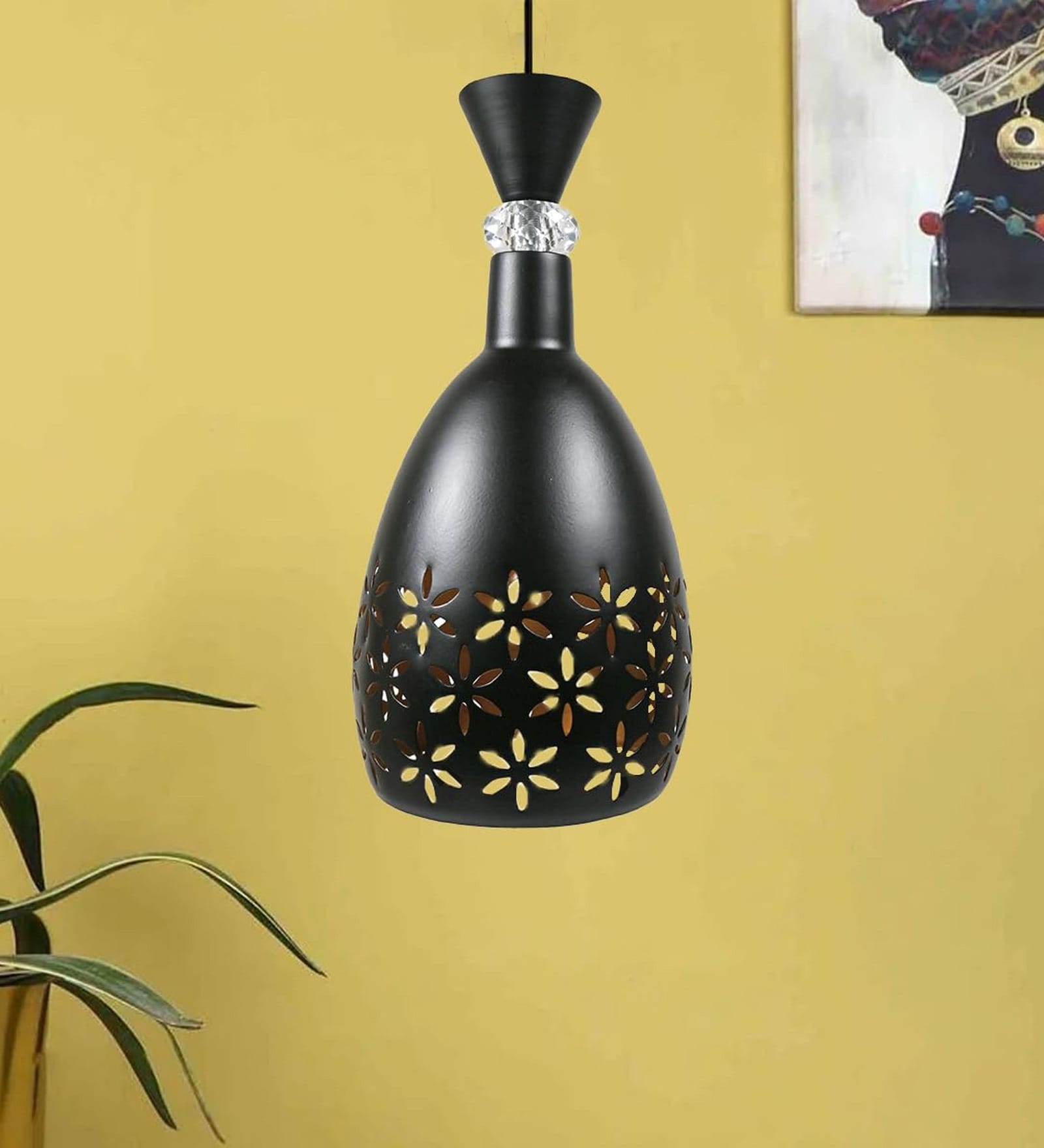 Metal Black Pendant Light Decorative Cutout Design with Crystal Accent Hanging Lamp