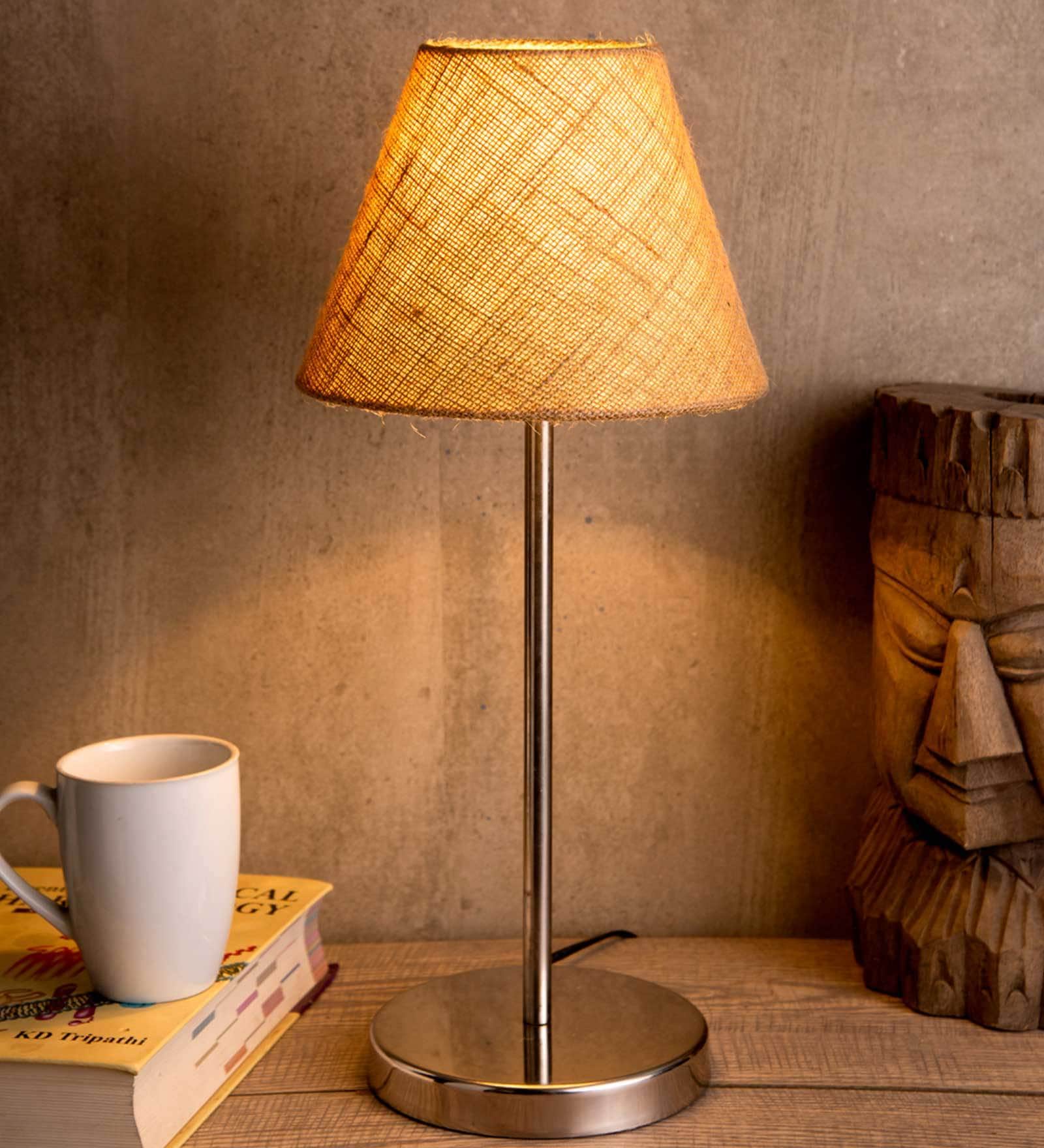 Metal Brown Jute Shade Table Lamp with Silver Base