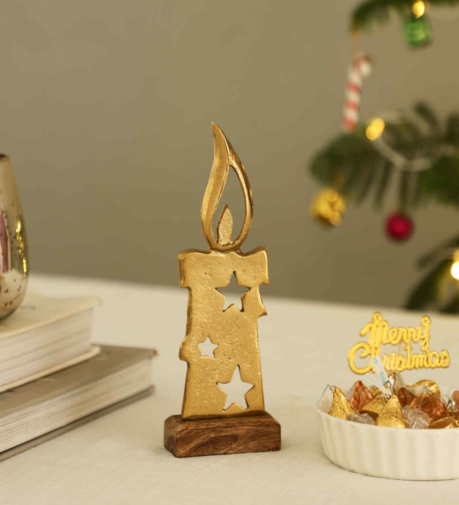 Aluminium Candle Showpiece With Wooden Base