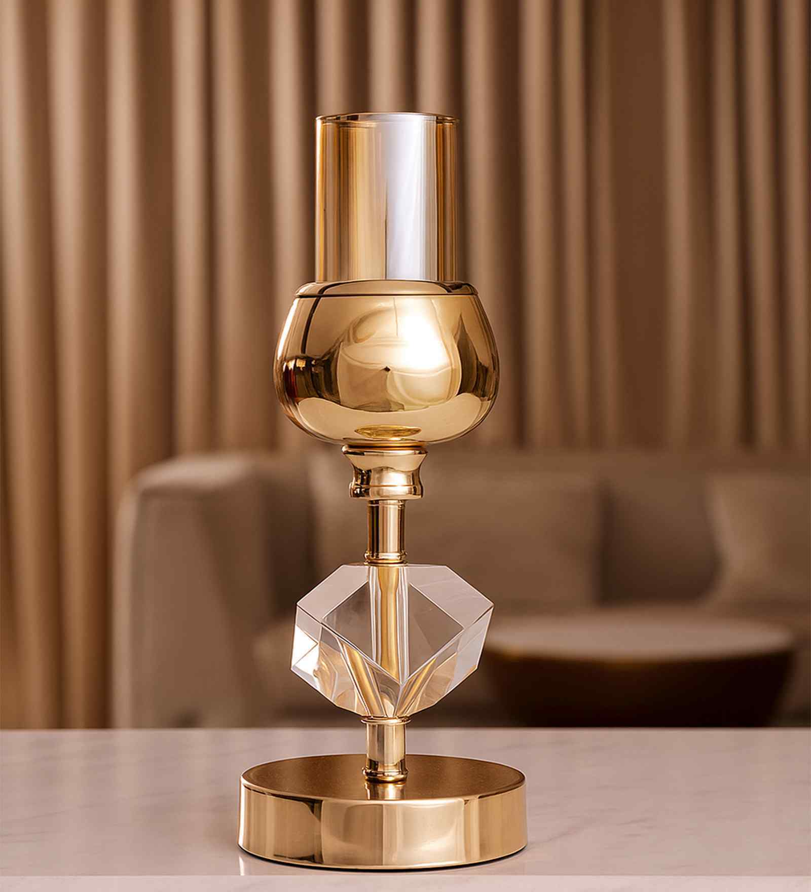 Metal Crystal Cube Golden Candle Stand