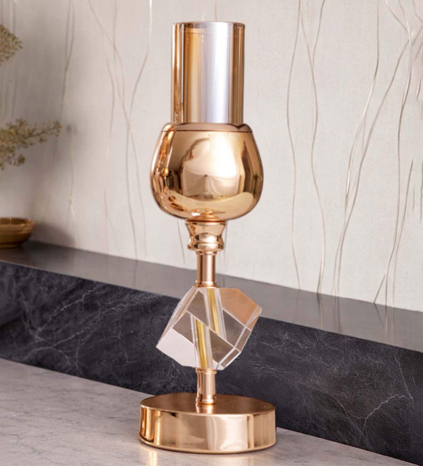 Metal Crystal Cube Golden Candle Stand