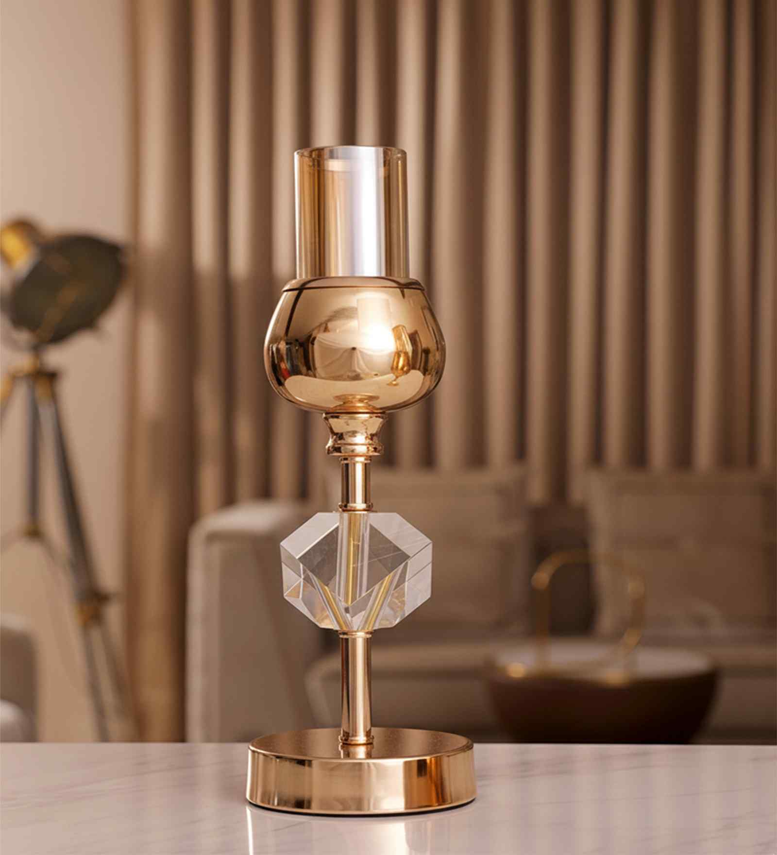 Metal Crystal Cube Golden Candle Stand