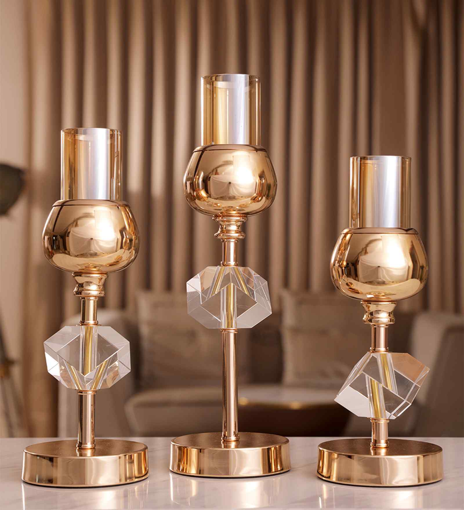 Metal Crystal Cube Golden Candle Stand