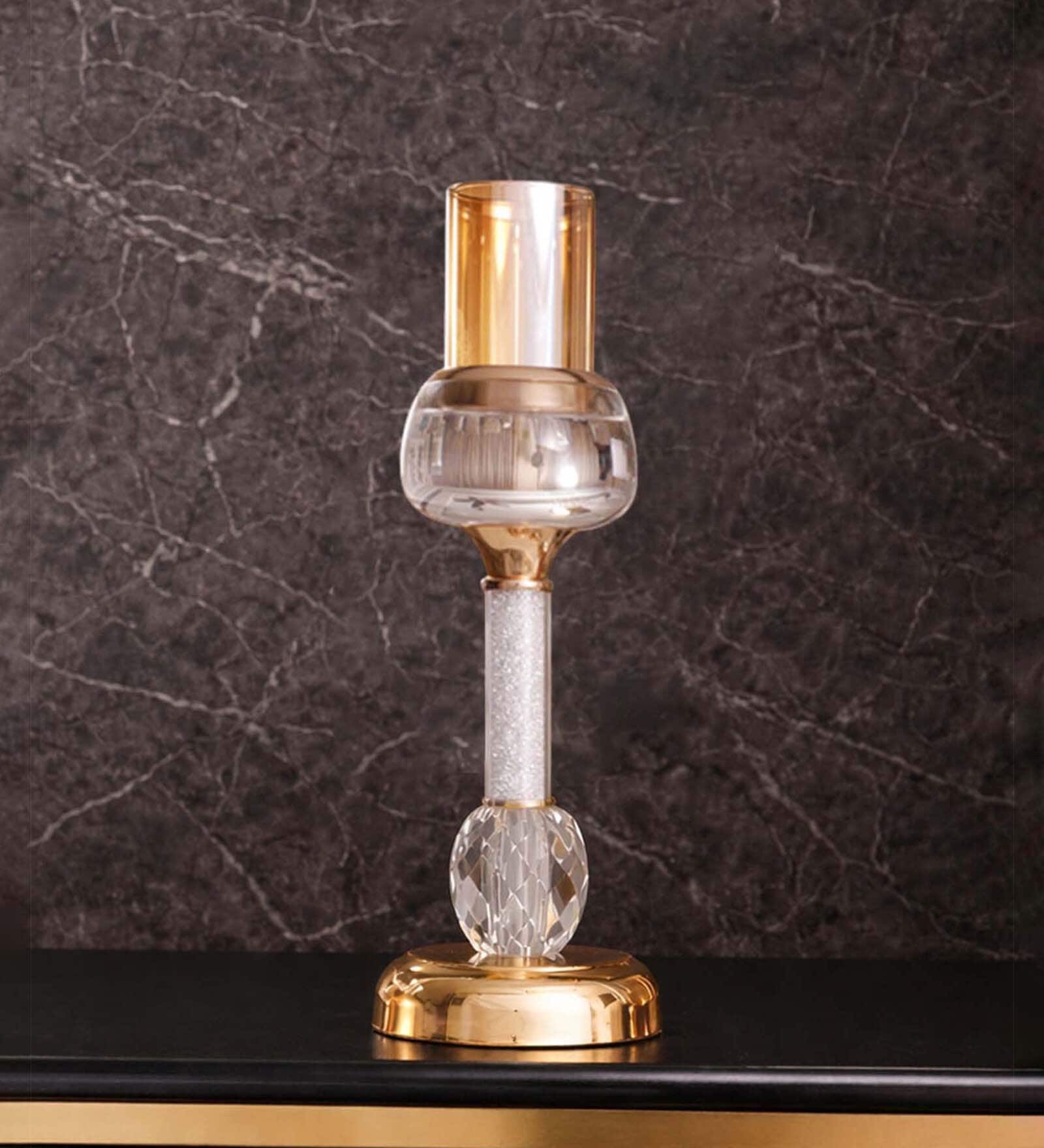 Metal Crystal Filled Golden Candle Stand