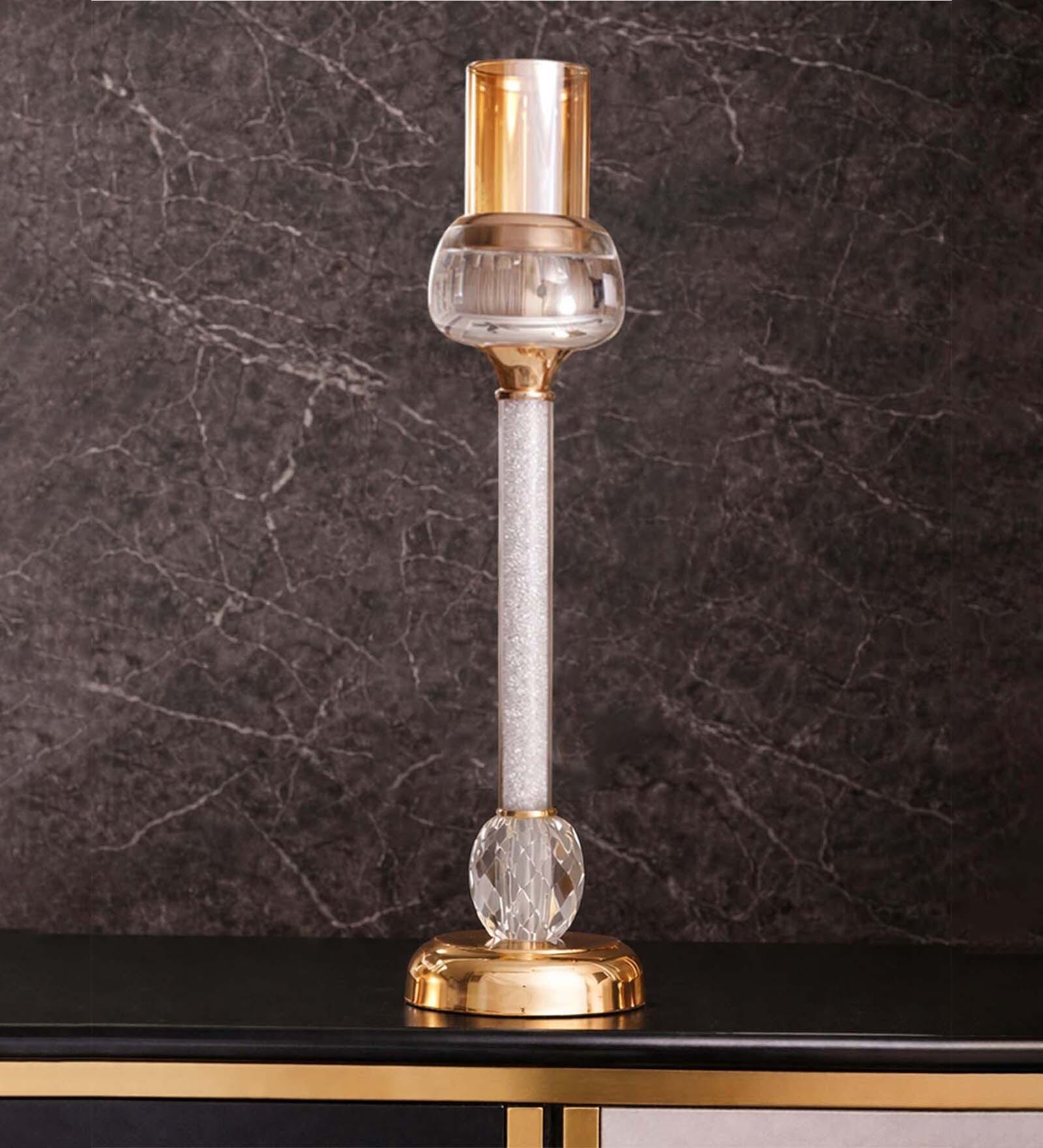 Metal Crystal Filled Golden Candle Stand
