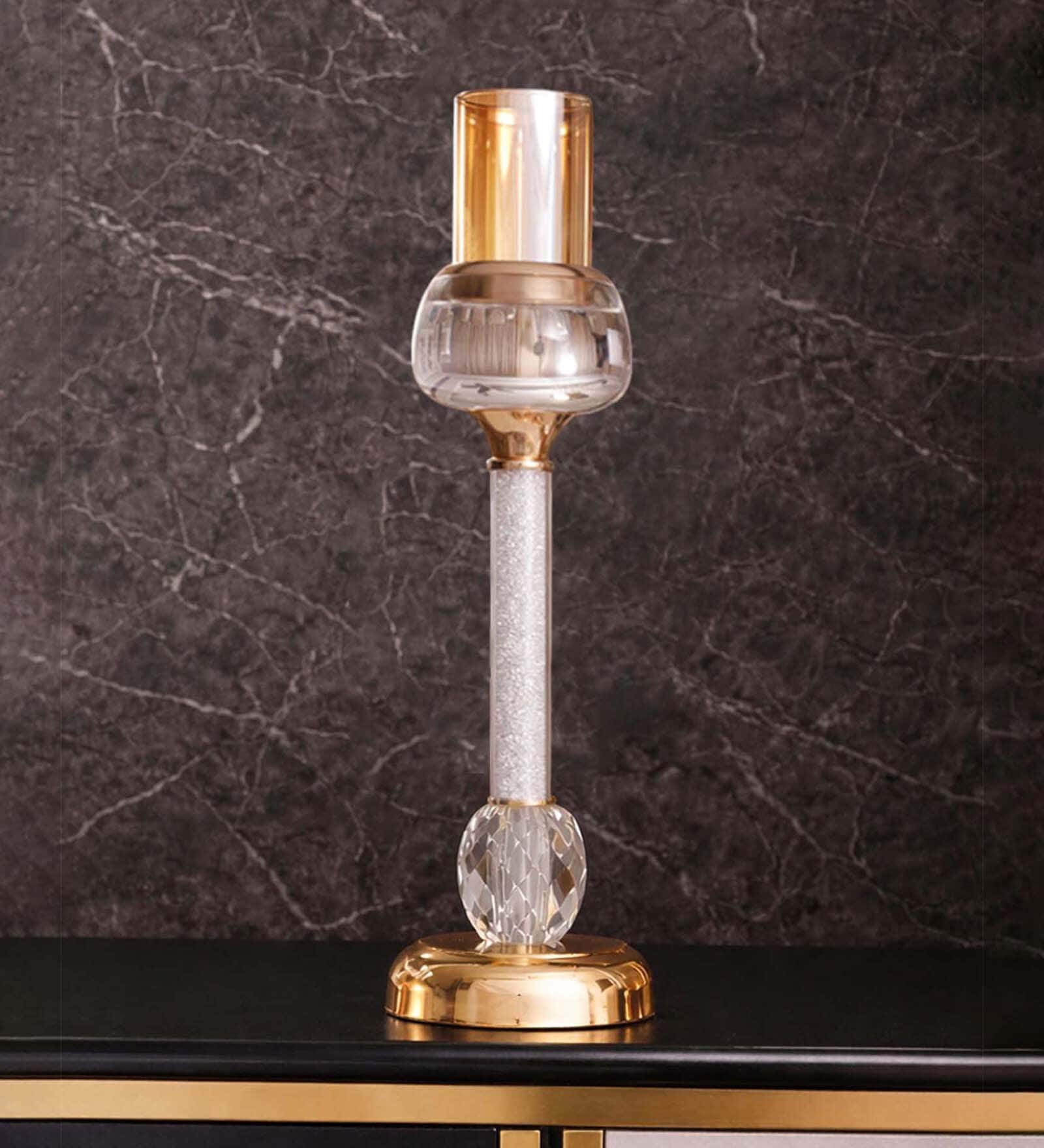 Metal Crystal Filled Golden Candle Stand