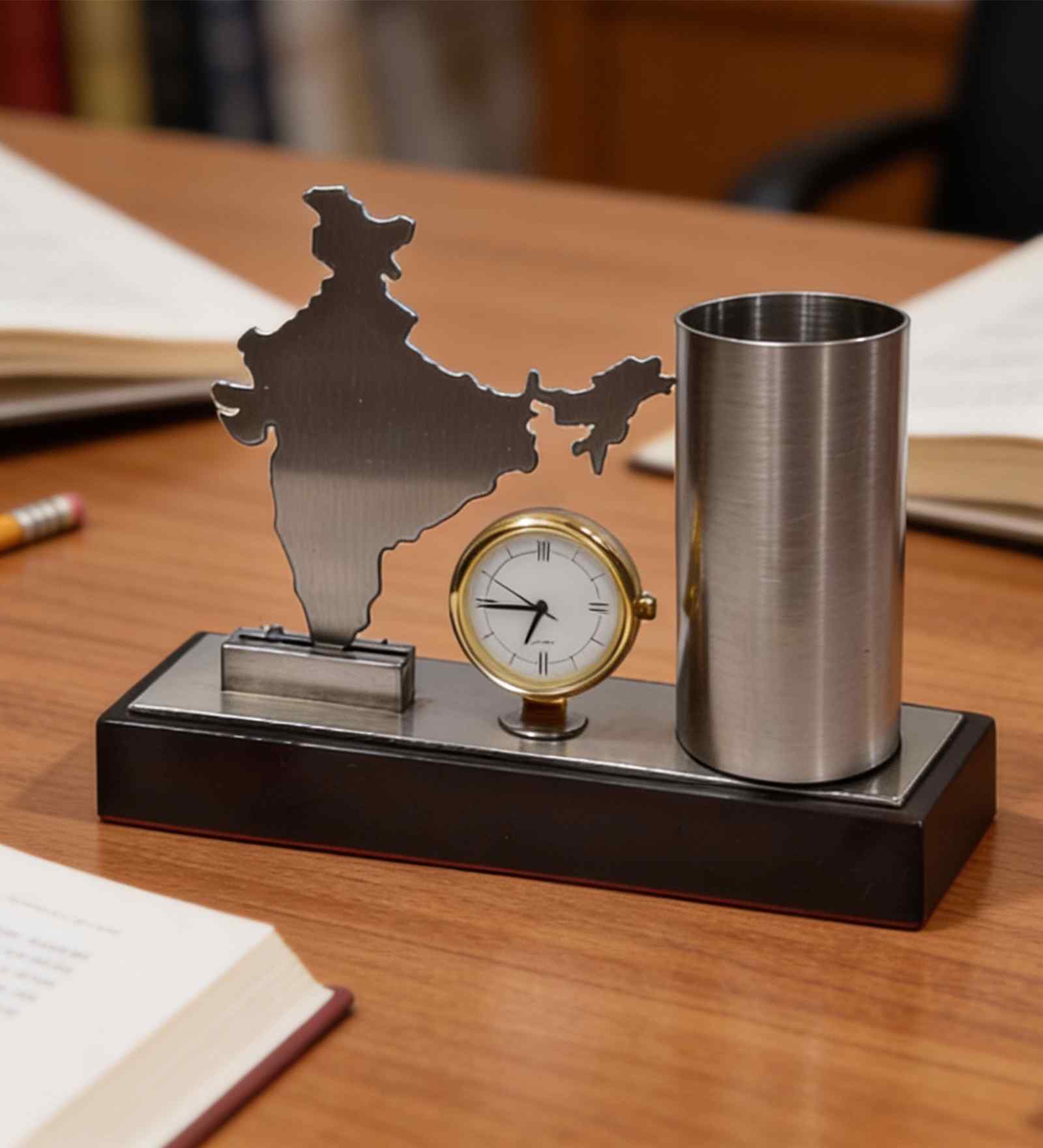 Metal decorative pen stand, cardholder, clock stand with India map showpiece