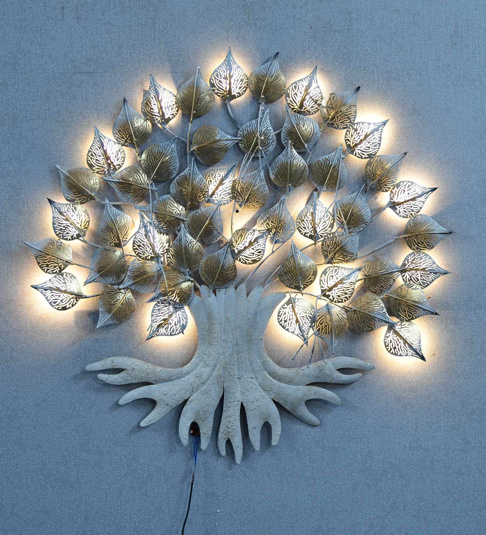Iron Piple Tree Wall Art With Led In Grey