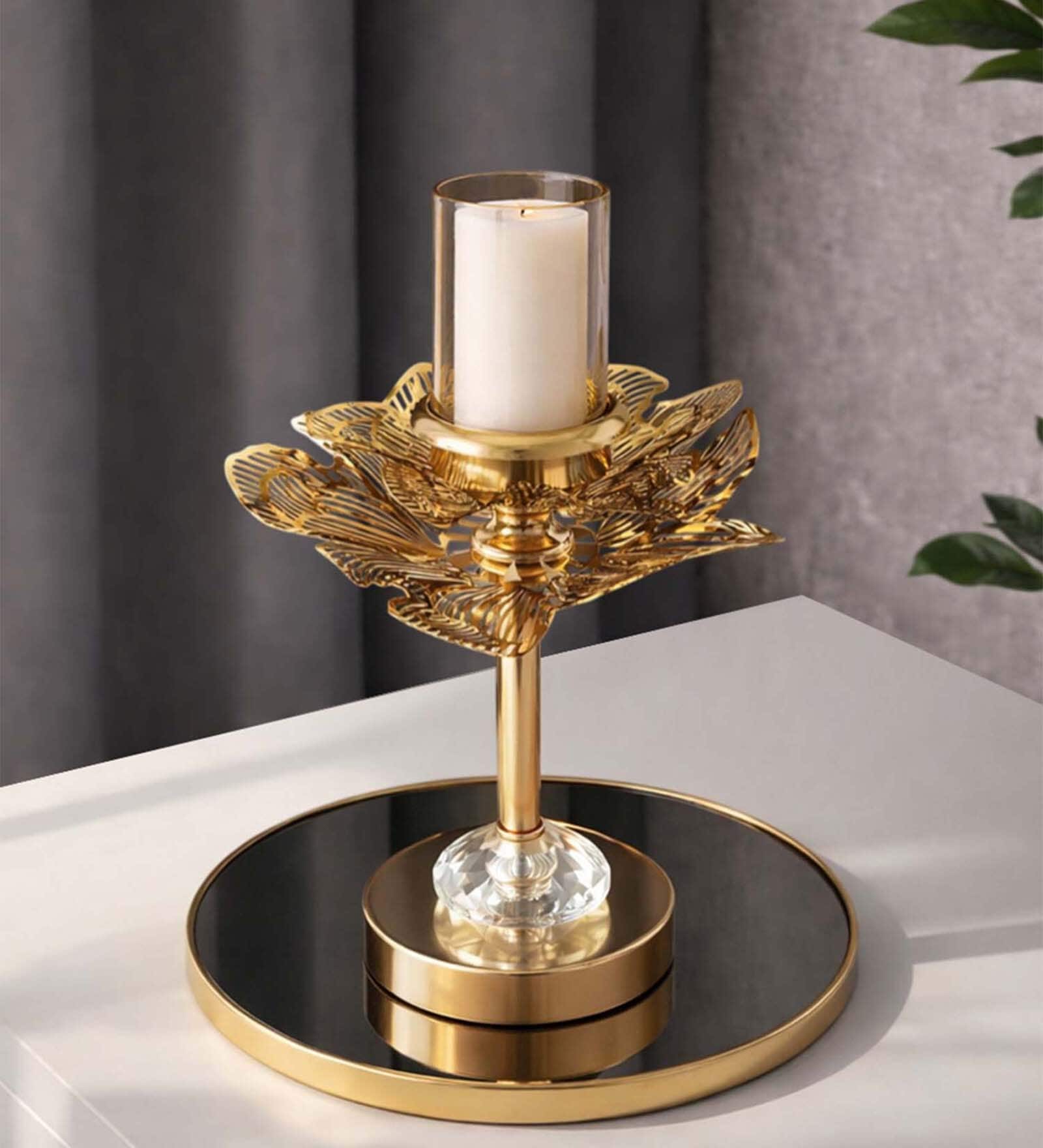 Metal Floral Glow Golden Candle Stand