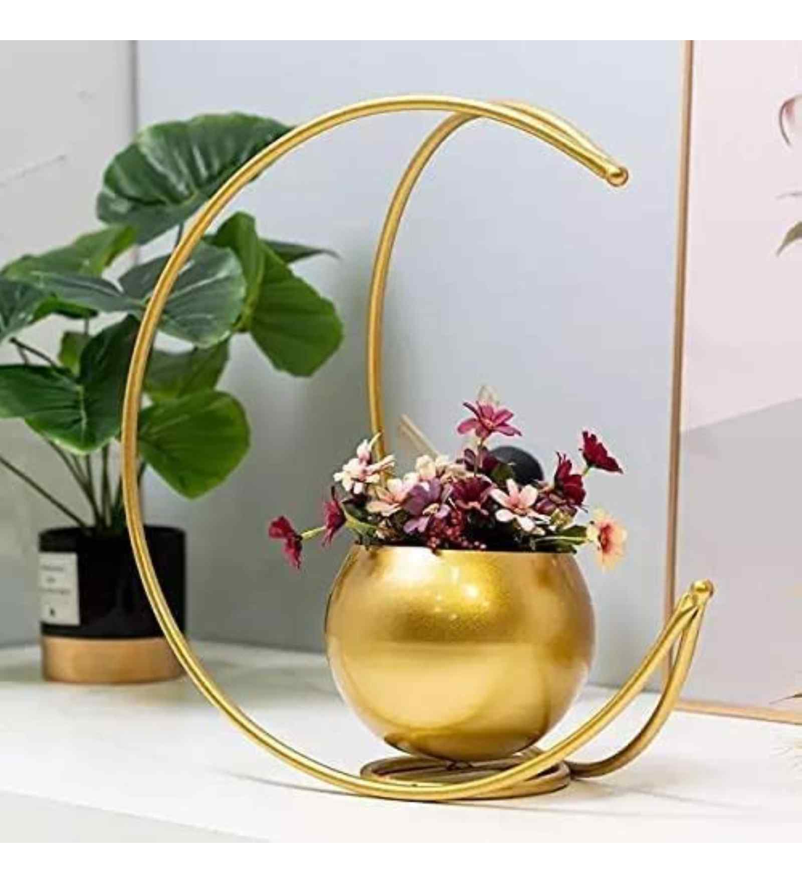 Metal Gold Flower Vase for Home Decor , Decorative Vintage Flower Moon Planter Candle  (Gold, Pack of 1)