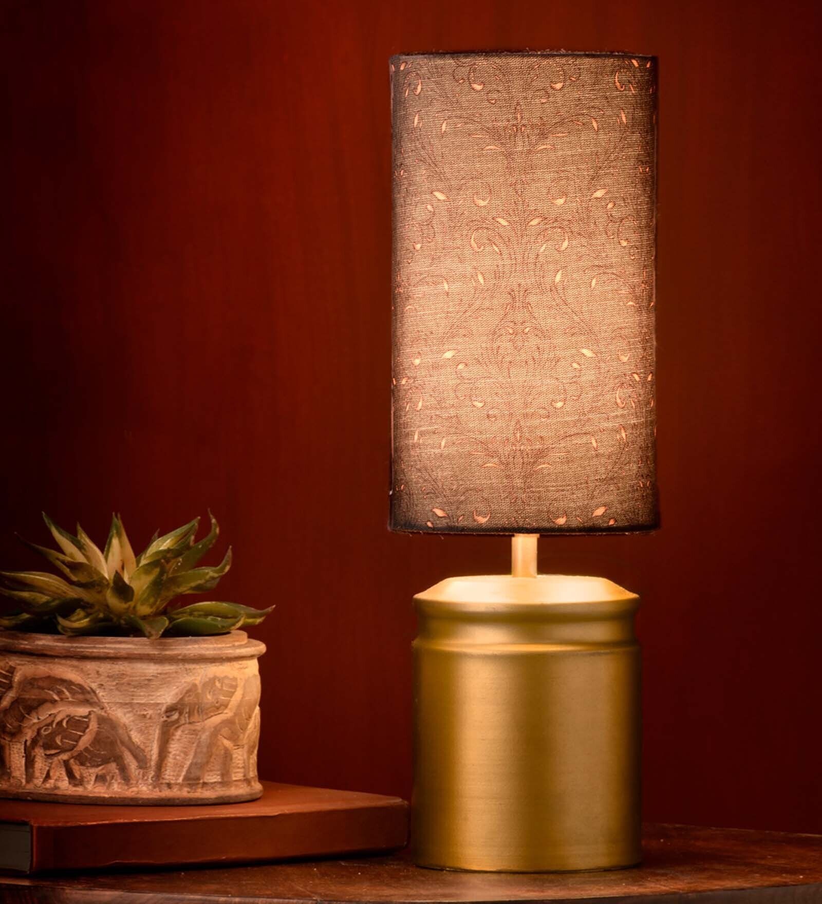 Metal Golden Table Lamp With Dark Forest Shade
