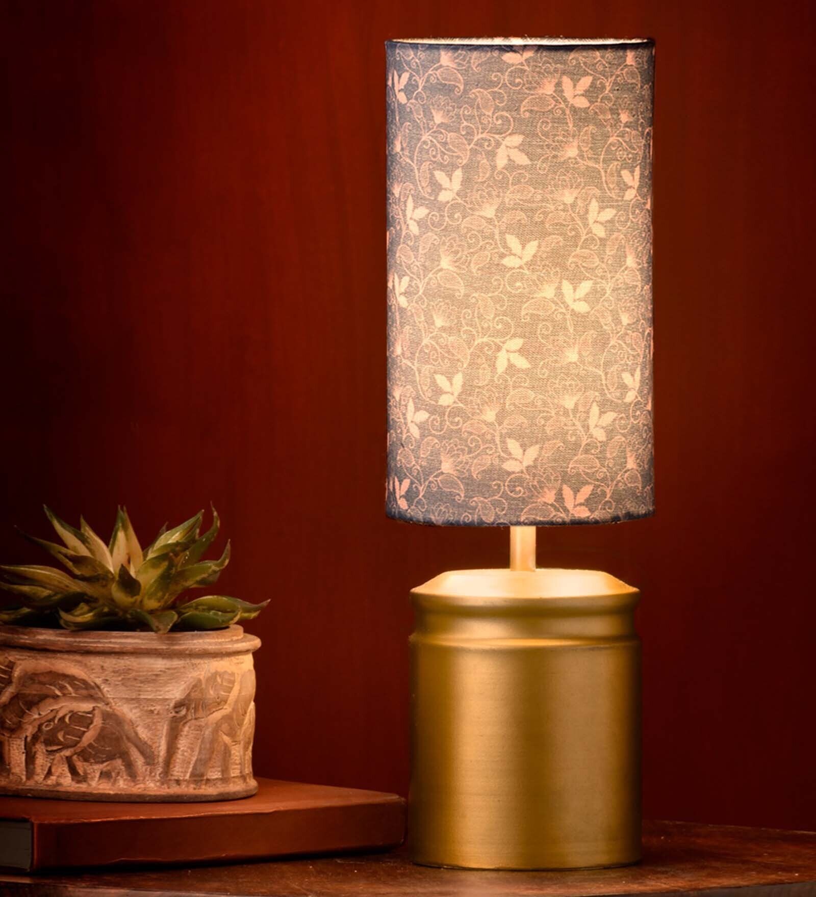 Metal Golden Table Lamp With Floral Vines Print Shade