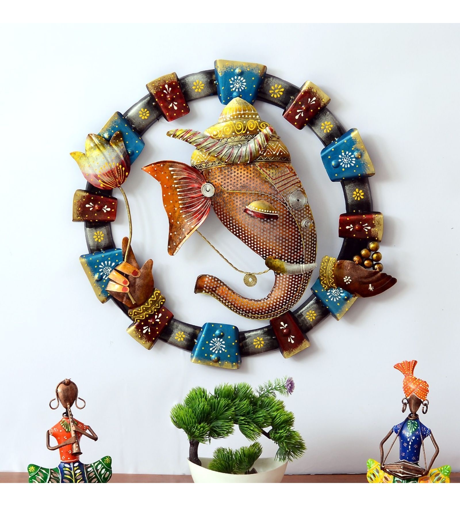 Metal Handpainted 18*18 Laddu Ganesha Wall Hanging Showpiece 