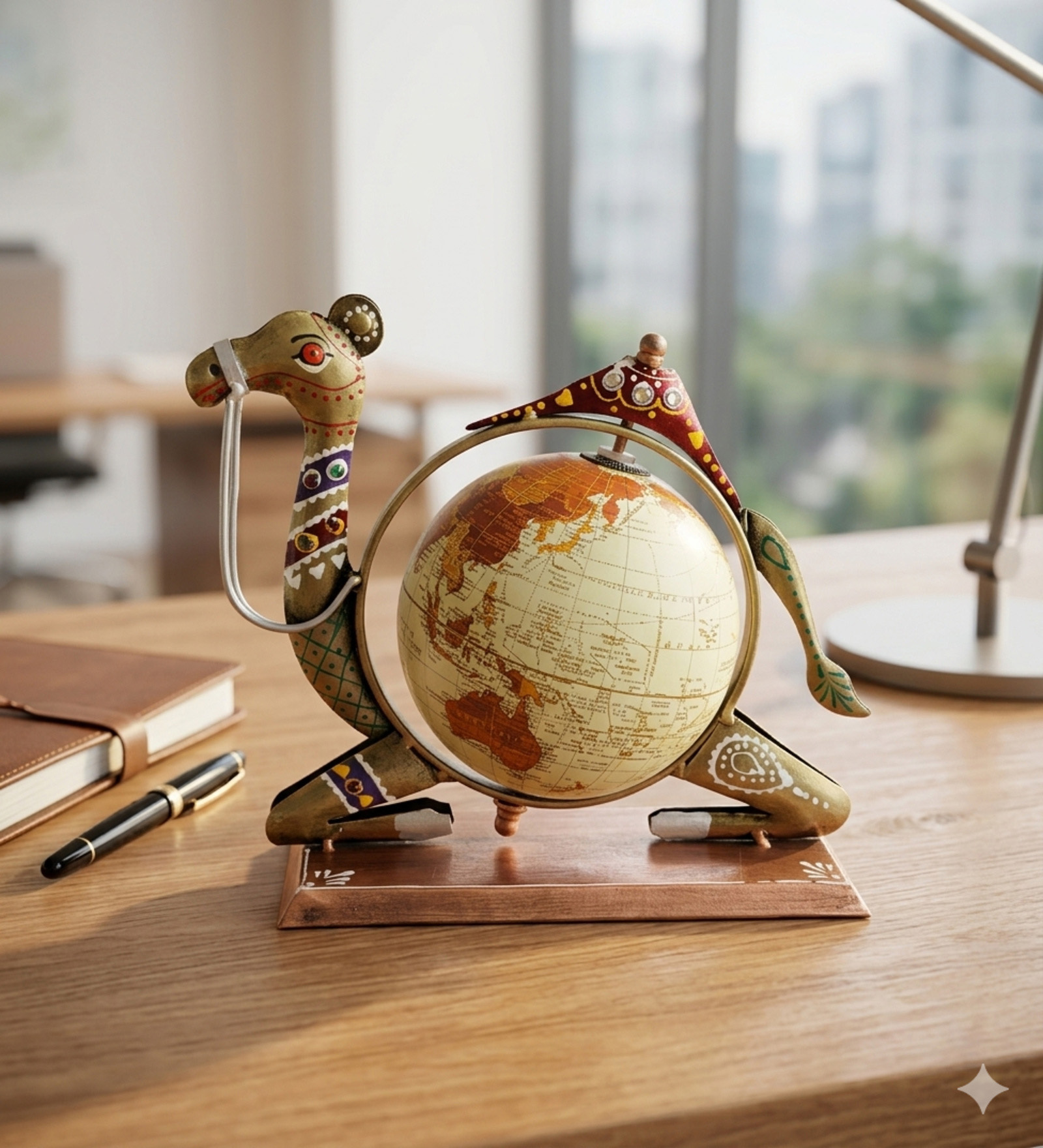 Beige Metal Handpainted Camel Globe Figurines Decorative Showpiece