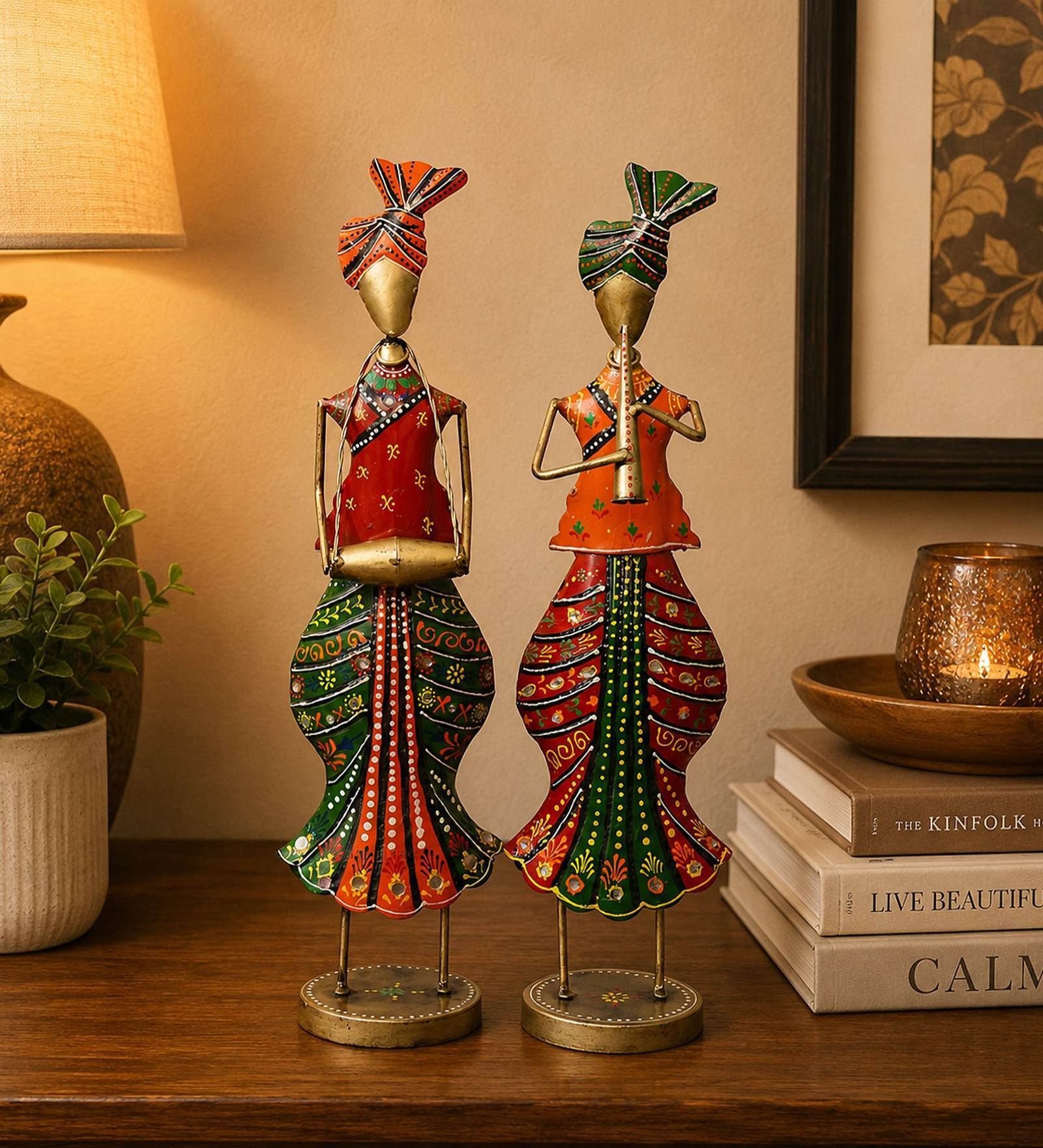 Metal Handpainted Decorative  Akhira Musician (Set of 2)Showpiece In Multicolor
