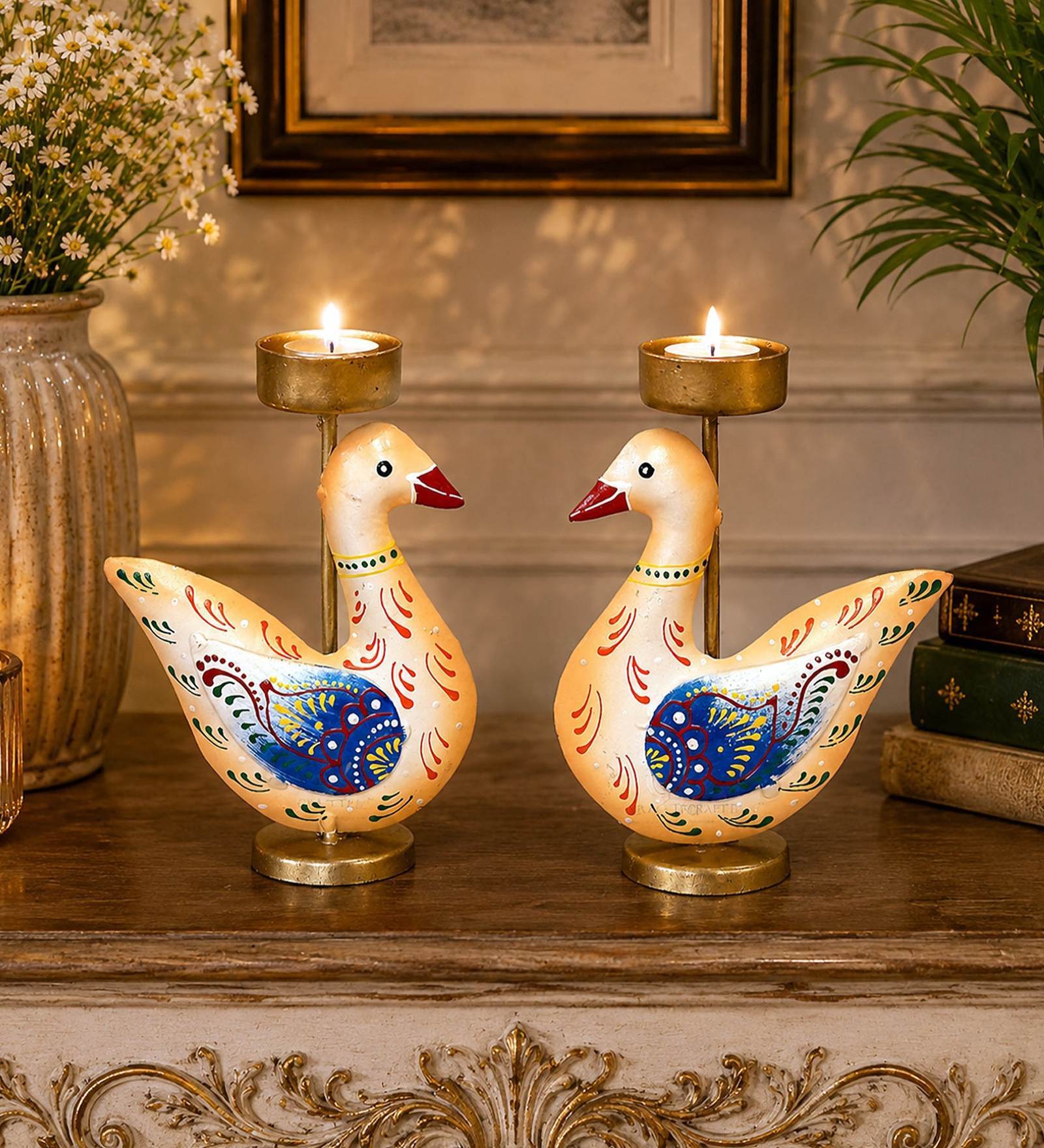 Metal Handpainted Decorative Duck Tlight Set of 2