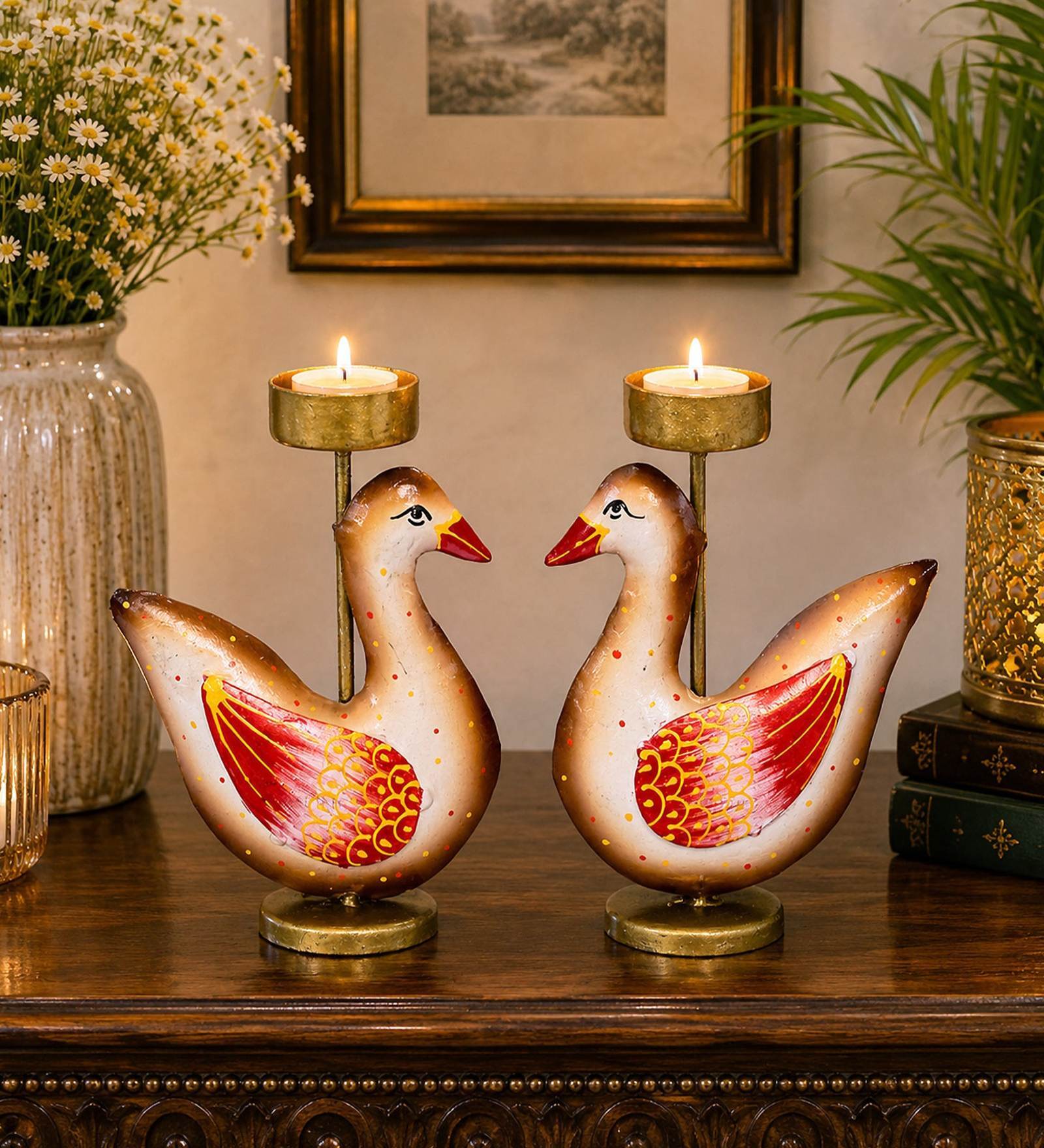 Metal Handpainted Decorative Duck Tlight Set of 2