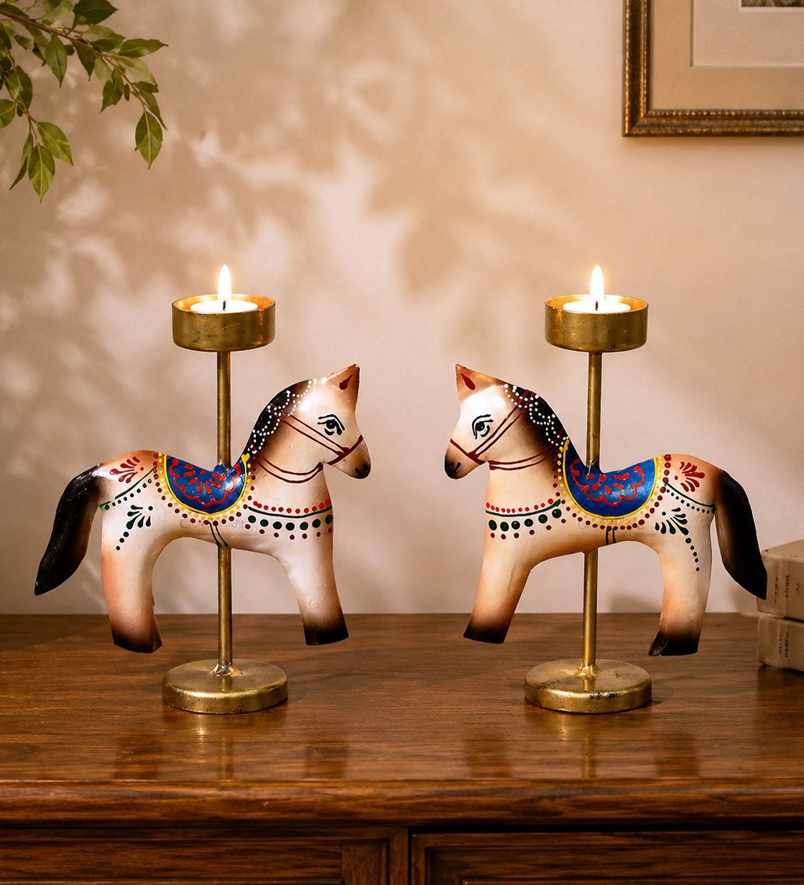 Metal Handpainted Decorative Horse Tlight Set of 2
