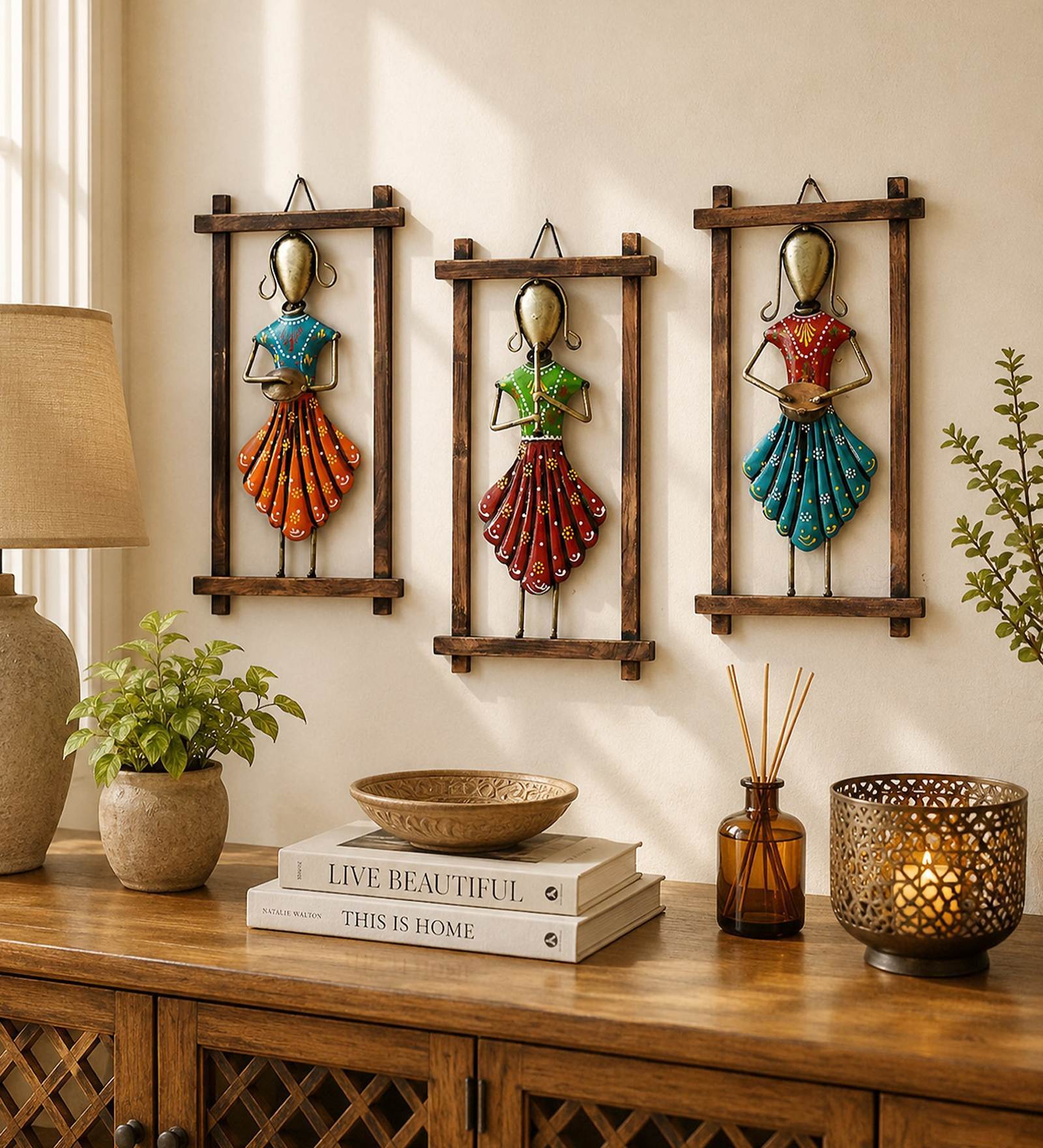 Metal Handpainted Decorative Set of 3 Lady Musician Doll Wall Hanging  in Multicolor