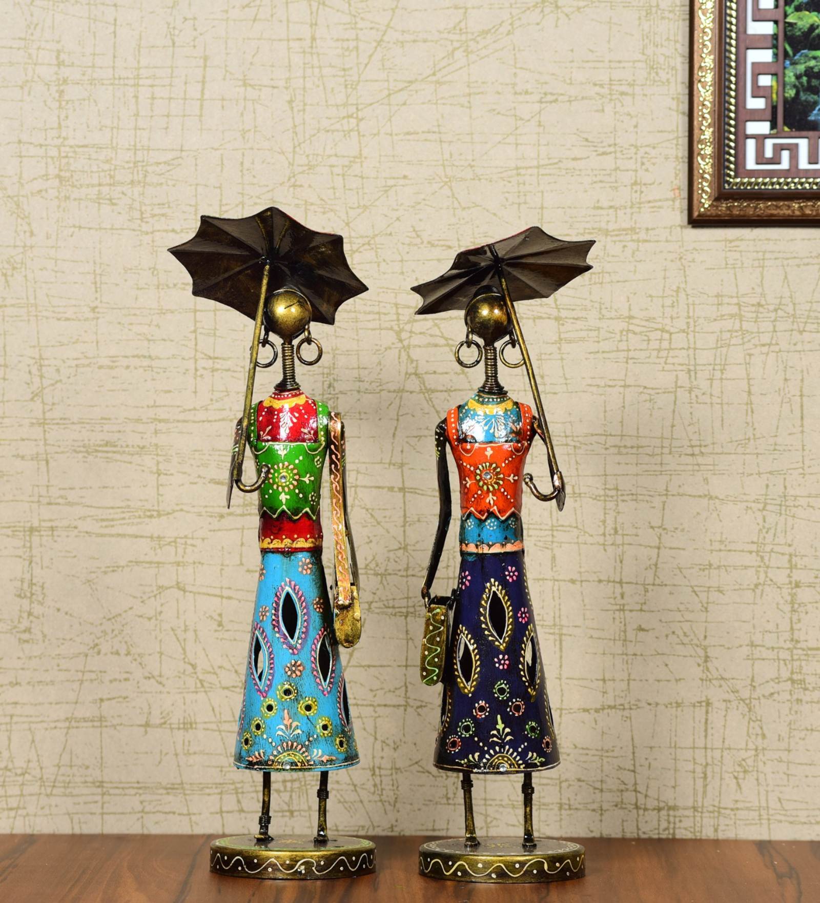 Metal Handpainted Decorative Umbrella Doll  Showpiece (Set of 2) Figurine