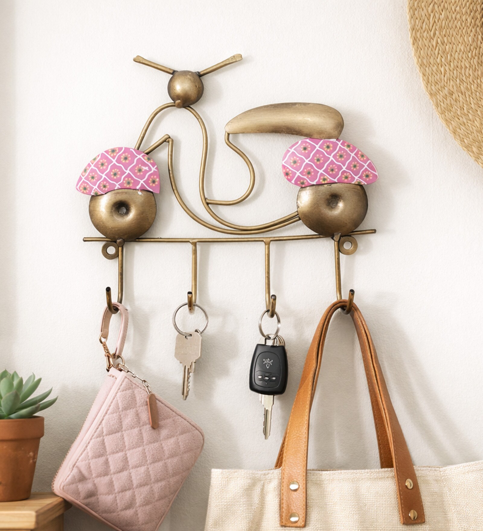 Metal handpainted Scooter Key Holder in pink color