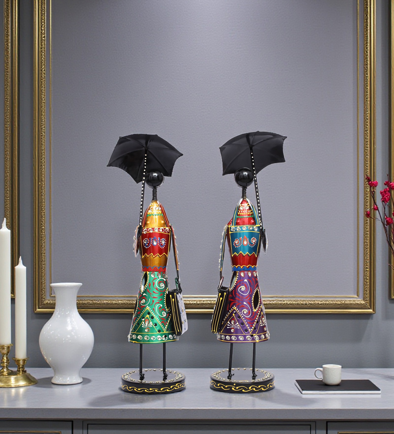 Set Of 2 Metal Lady With Umbrella Showpiece