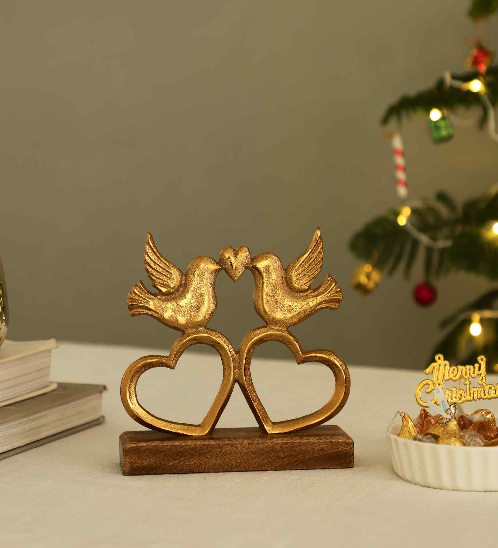 Aluminium Love Birds Showpiece With Wooden Base
