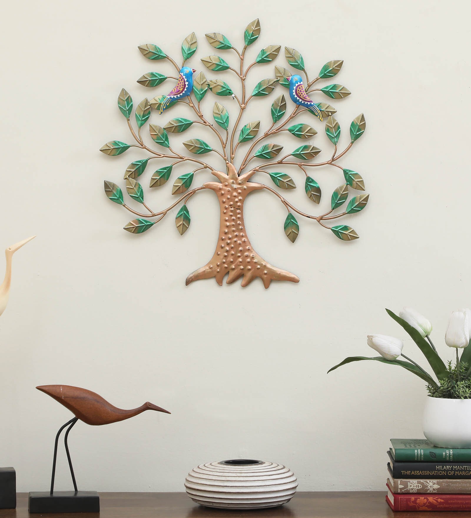 Metal Multicolour Hand Painted Tree With Birds Wall Art