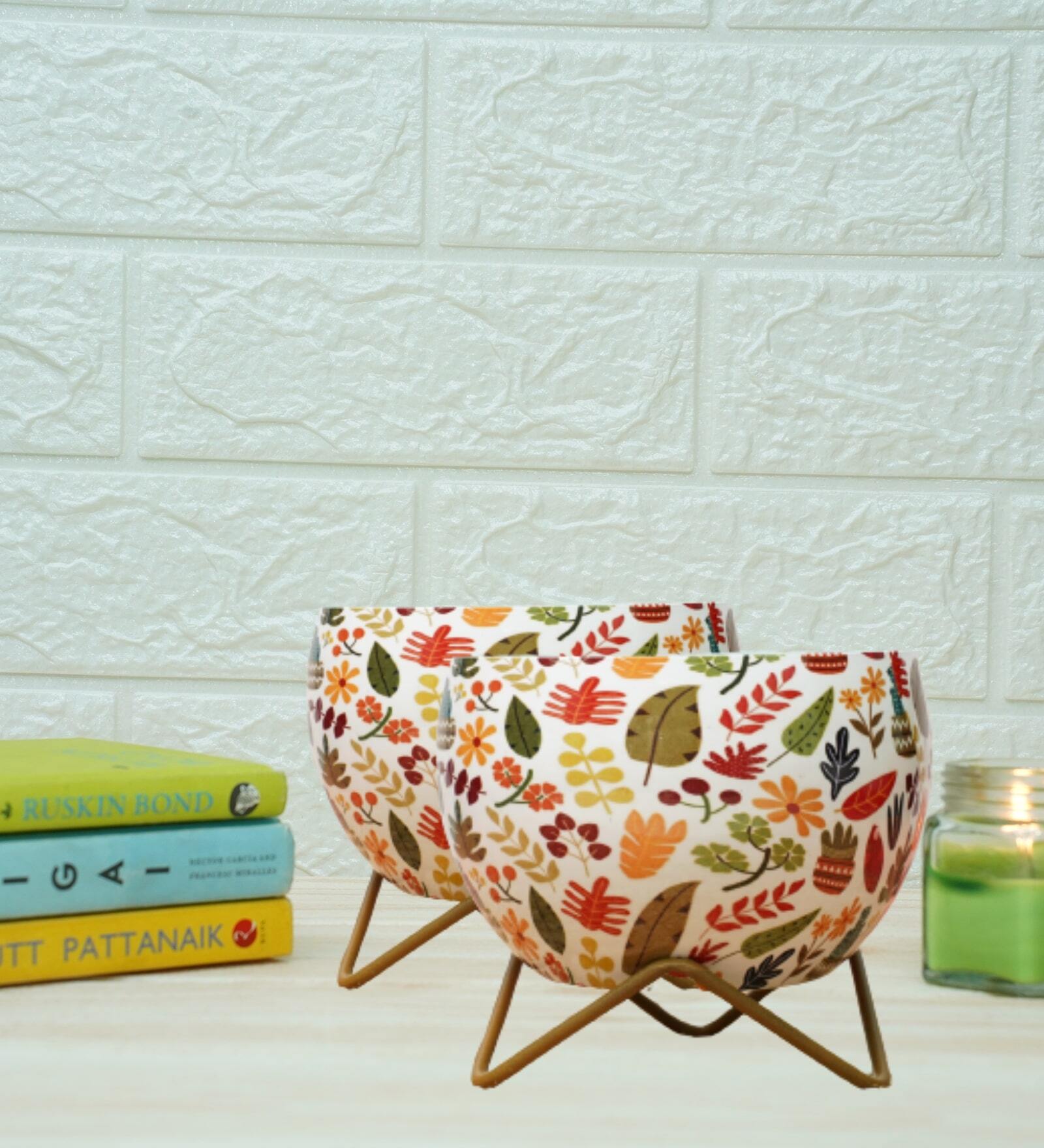 Metal Desk Pot Leaf Print with stand Set Of 2