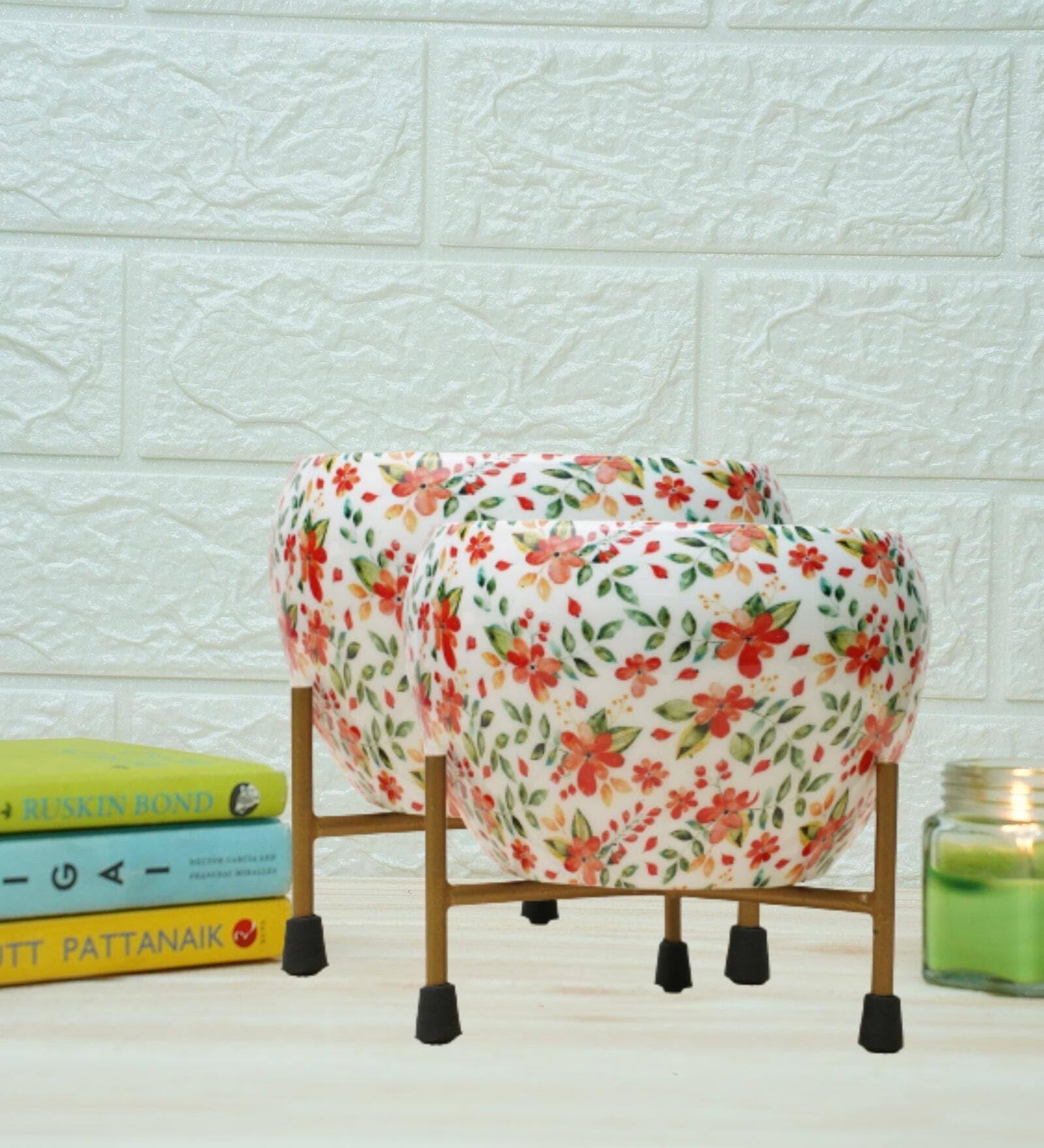 Metal Desk Pot RedFlower Print with stand Set Of 2