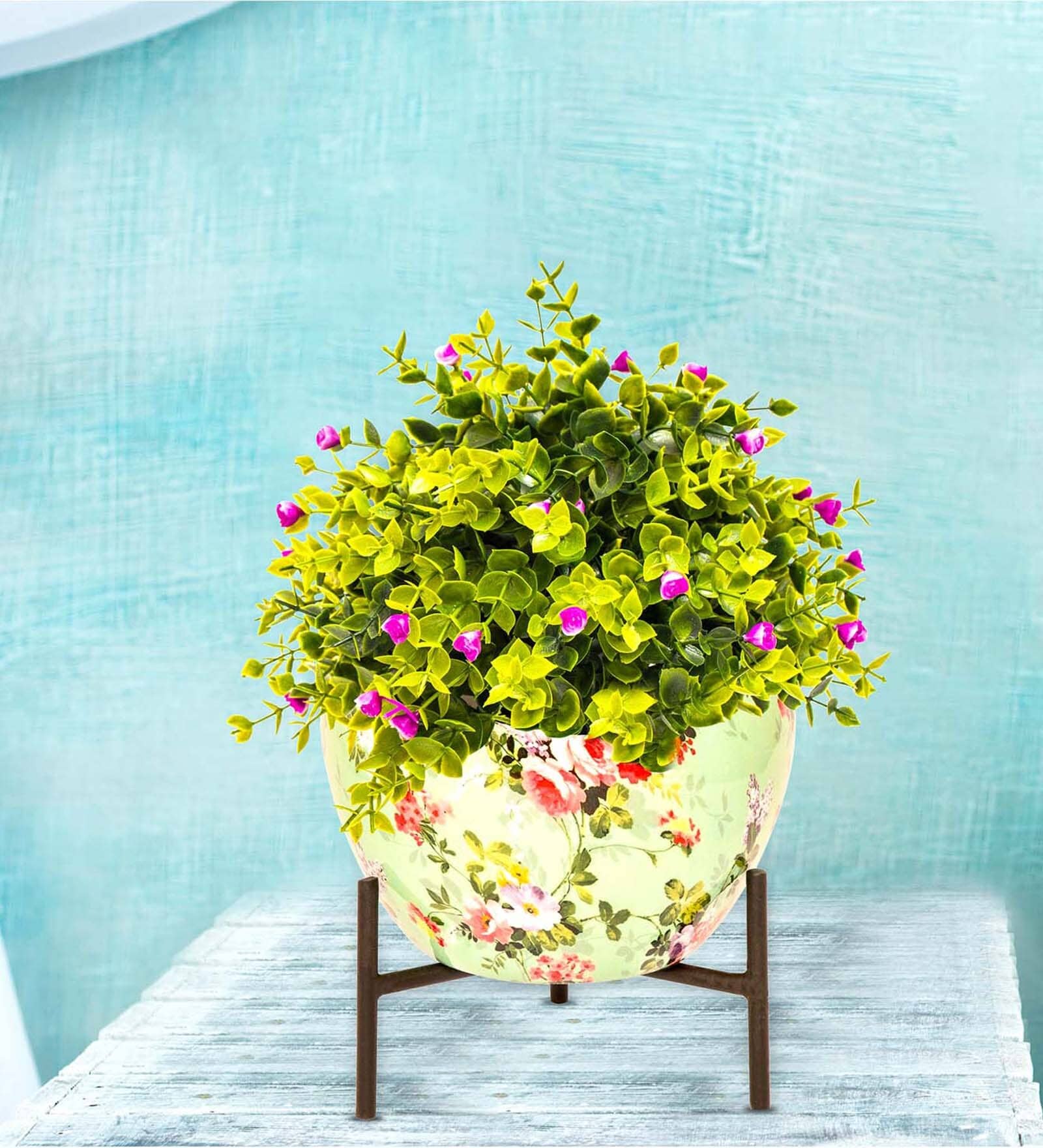 Metal Desk Pot With Stand In Green Color Floral Design