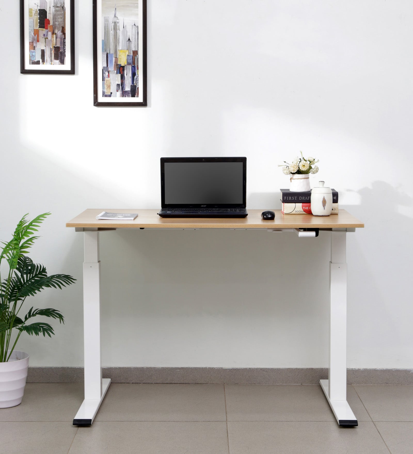 Buy Metal Study Table in White & Urban Teak Finish With Adjustable