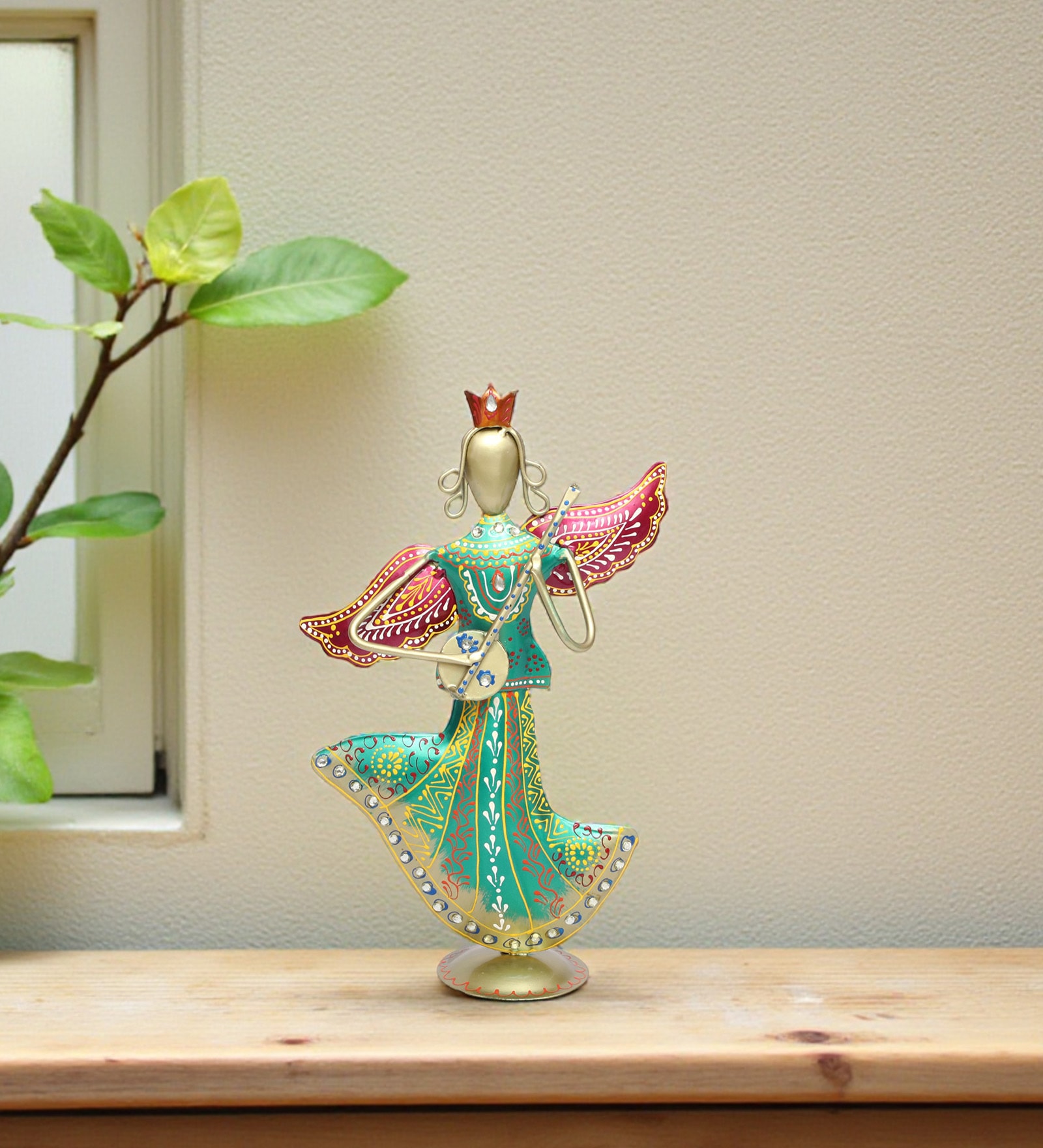 Metal PU Finished Musician Lady Multicolour Wrought Iron Figurine